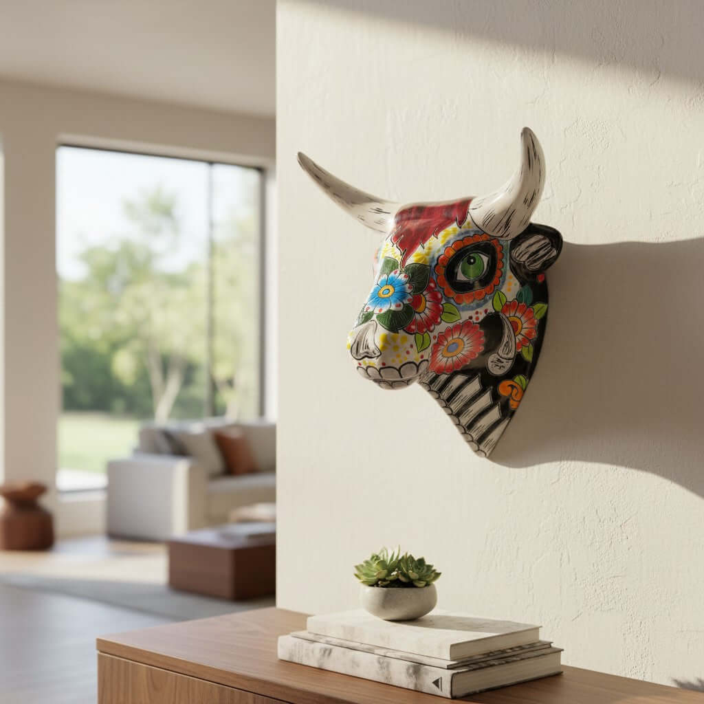 Talavera Bull Skull Wall Art | Day of the Dead Decor