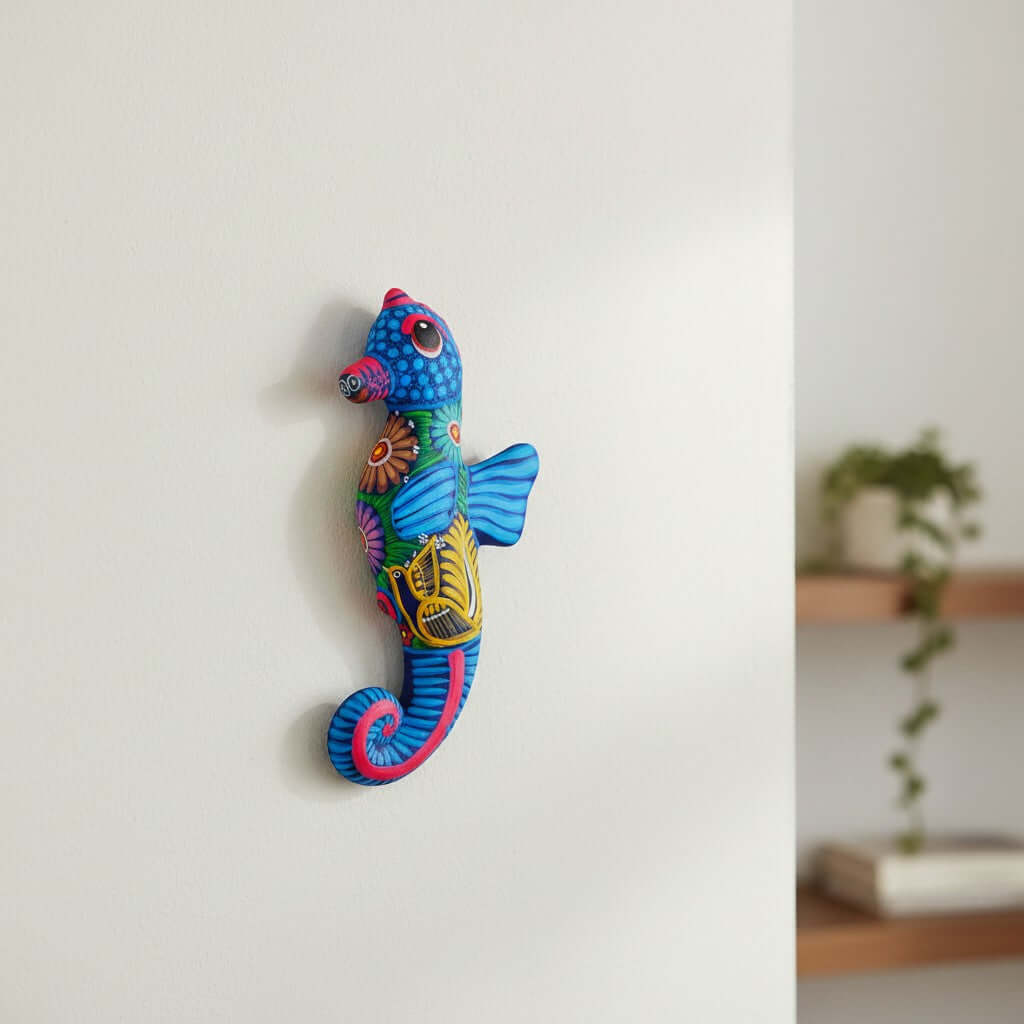 Alebrije Seahorse Figurine | Vibrant Ocean Wall Art