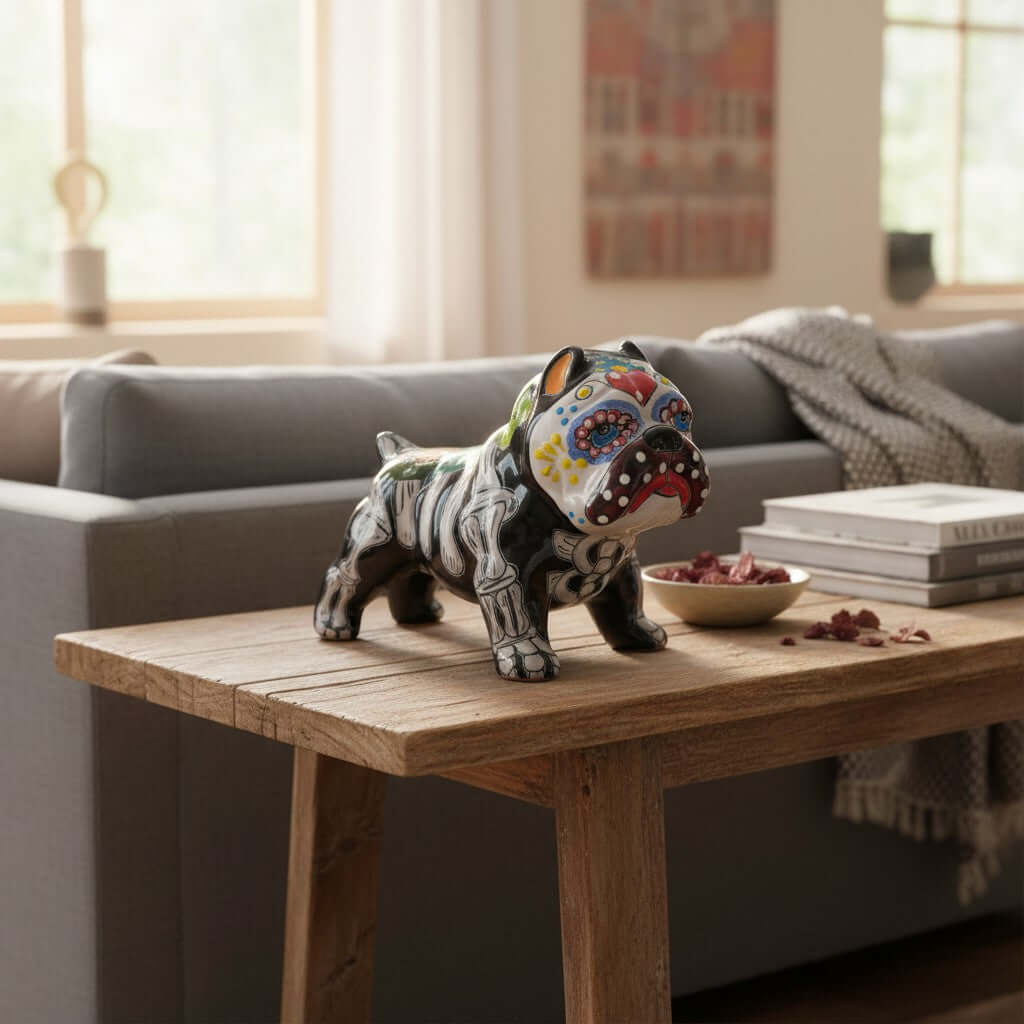 Talavera Cropped Ear Dog Statue | Day of the Dead Design