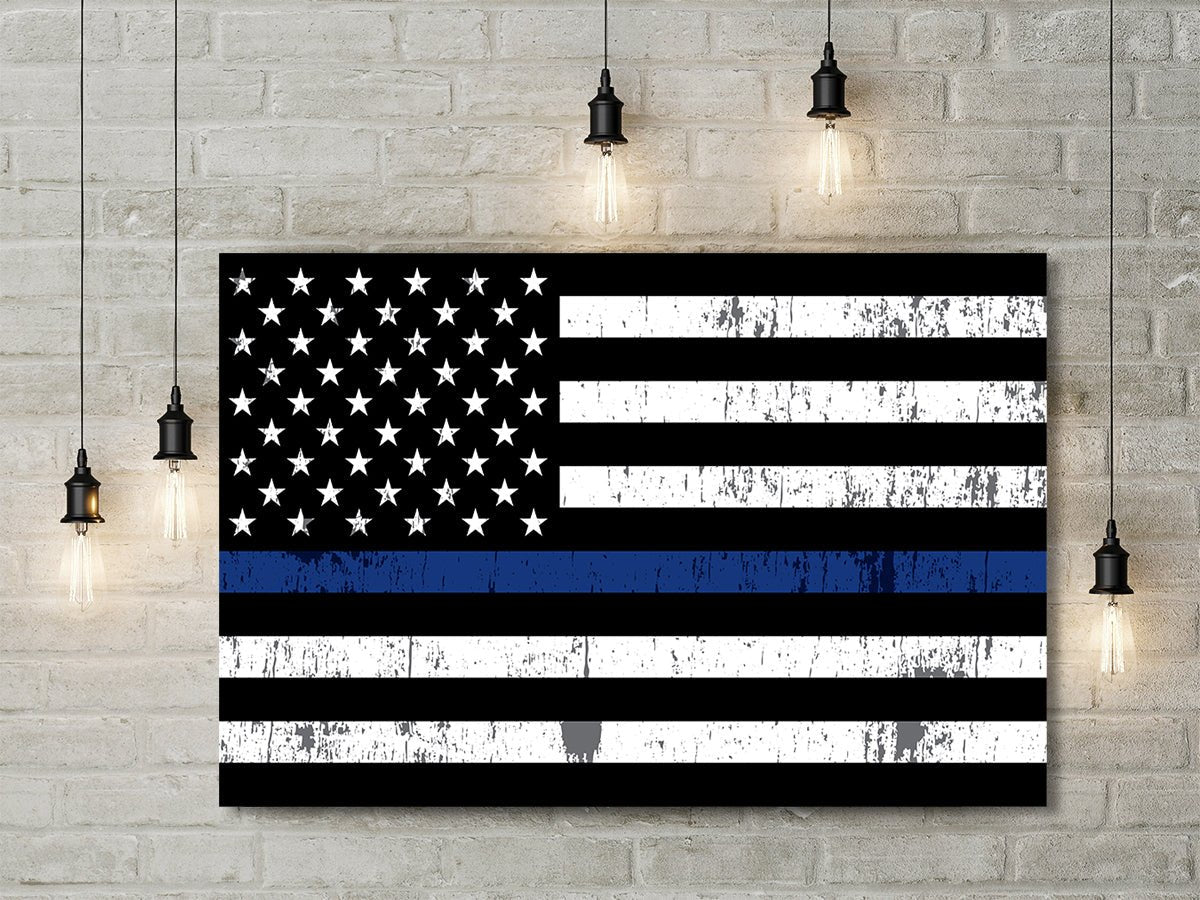 Thin Blue Line US Flag Framed Canvas Wall Art Blue Lives Matter LEO Police