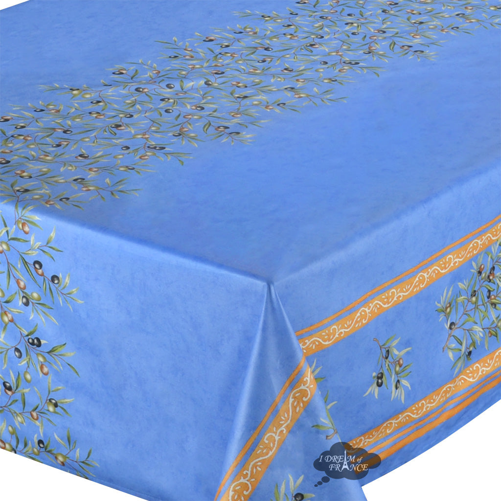 60x78" Rectangular Clos des Oliviers Blue Double Border Acrylic-Coated Cotton Tablecloth by Label France