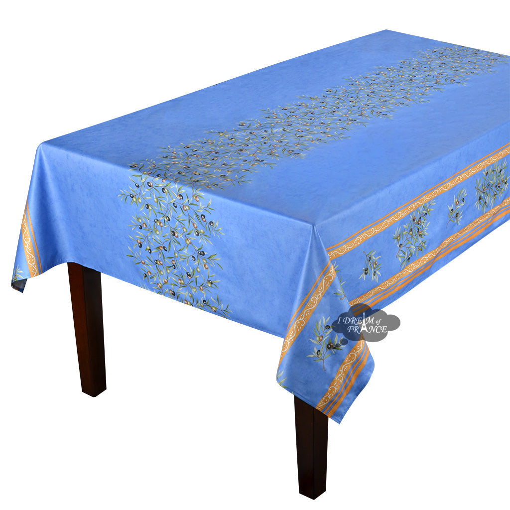 60x78" Rectangular Clos des Oliviers Blue Double Border Acrylic-Coated Cotton Tablecloth by Label France