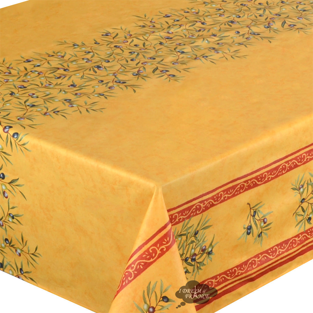60x96" Rectangular Clos des Oliviers Yellow Double-Border Acrylic-Coated Cotton Tablecloth by Label France