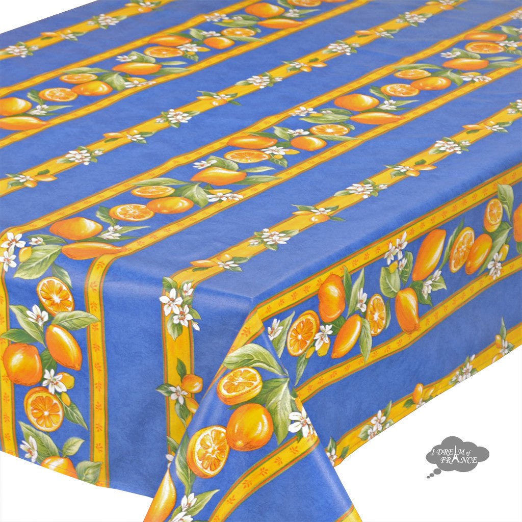 60x120" Rectangular Lemons Blue Acrylic-Coated Cotton Tablecloth by Tissus Toselli