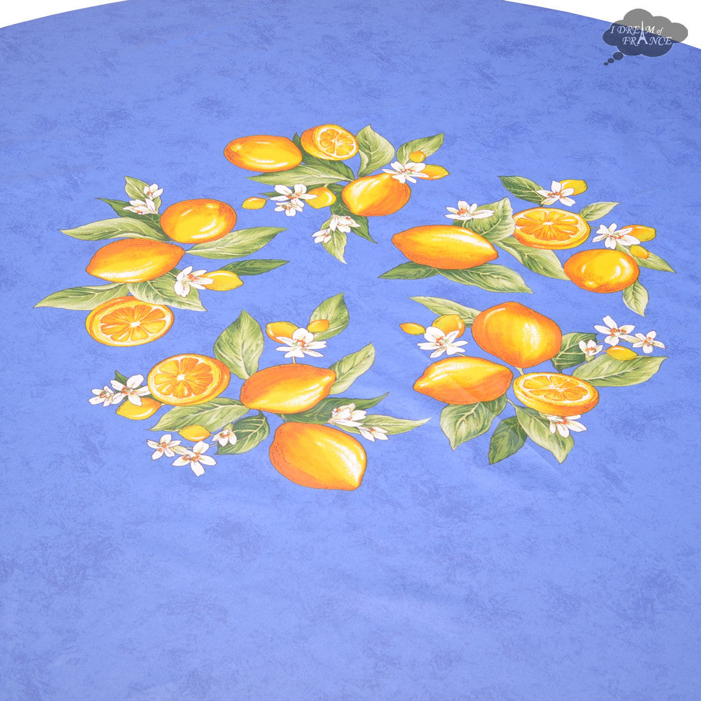 70" Round Lemons Blue Tablecloth by Tissus Toselli