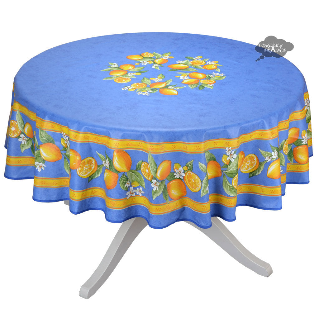 70" Round Lemons Blue Tablecloth by Tissus Toselli