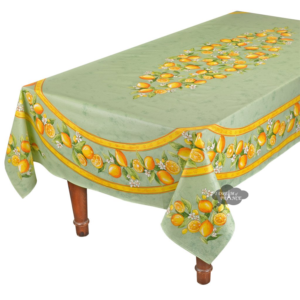 60x 96" Rectangular Lemons Green Acrylic-Coated Cotton Tablecloth by Tissus Toselli
