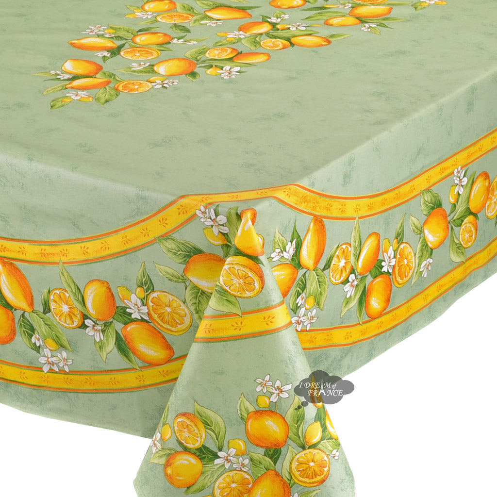 60x 96" Rectangular Lemons Green Acrylic-Coated Cotton Tablecloth by Tissus Toselli