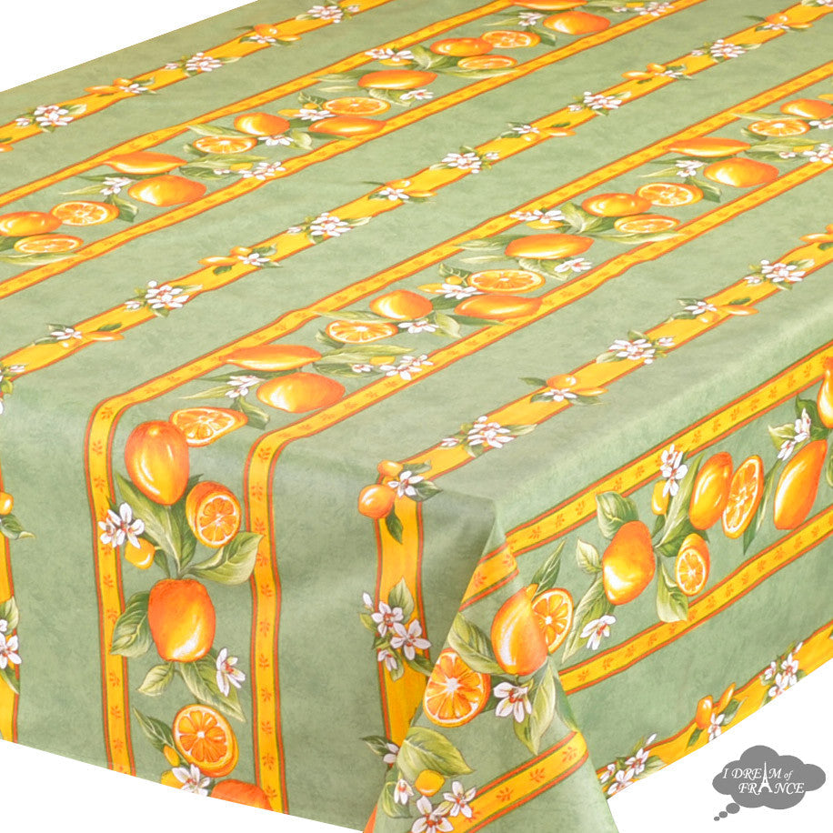 58" Square Lemons Green Acrylic-Coated Cotton Tablecloth by Tissus Toselli