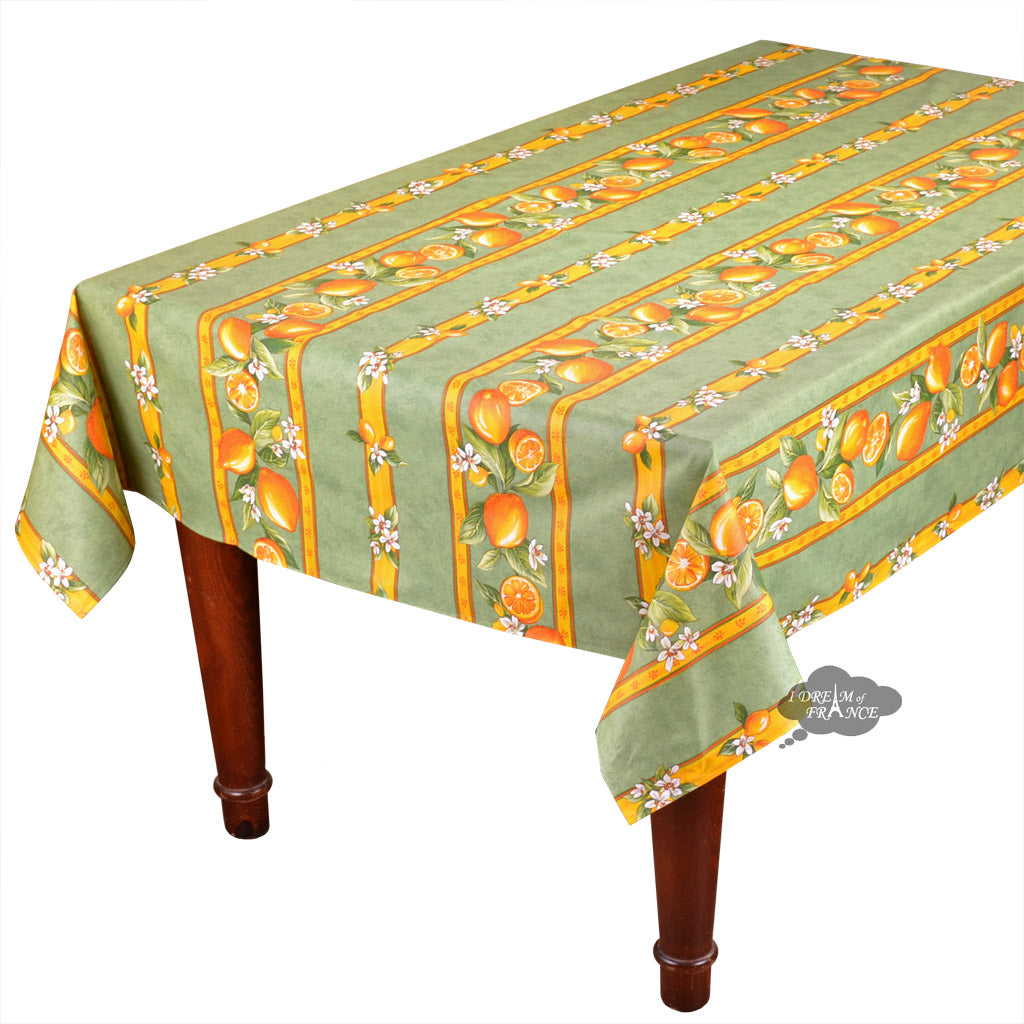 60x78" Rectangular Lemons Green Acrylic Acrylic-Coated Cotton Tablecloth by Tissus Toselli