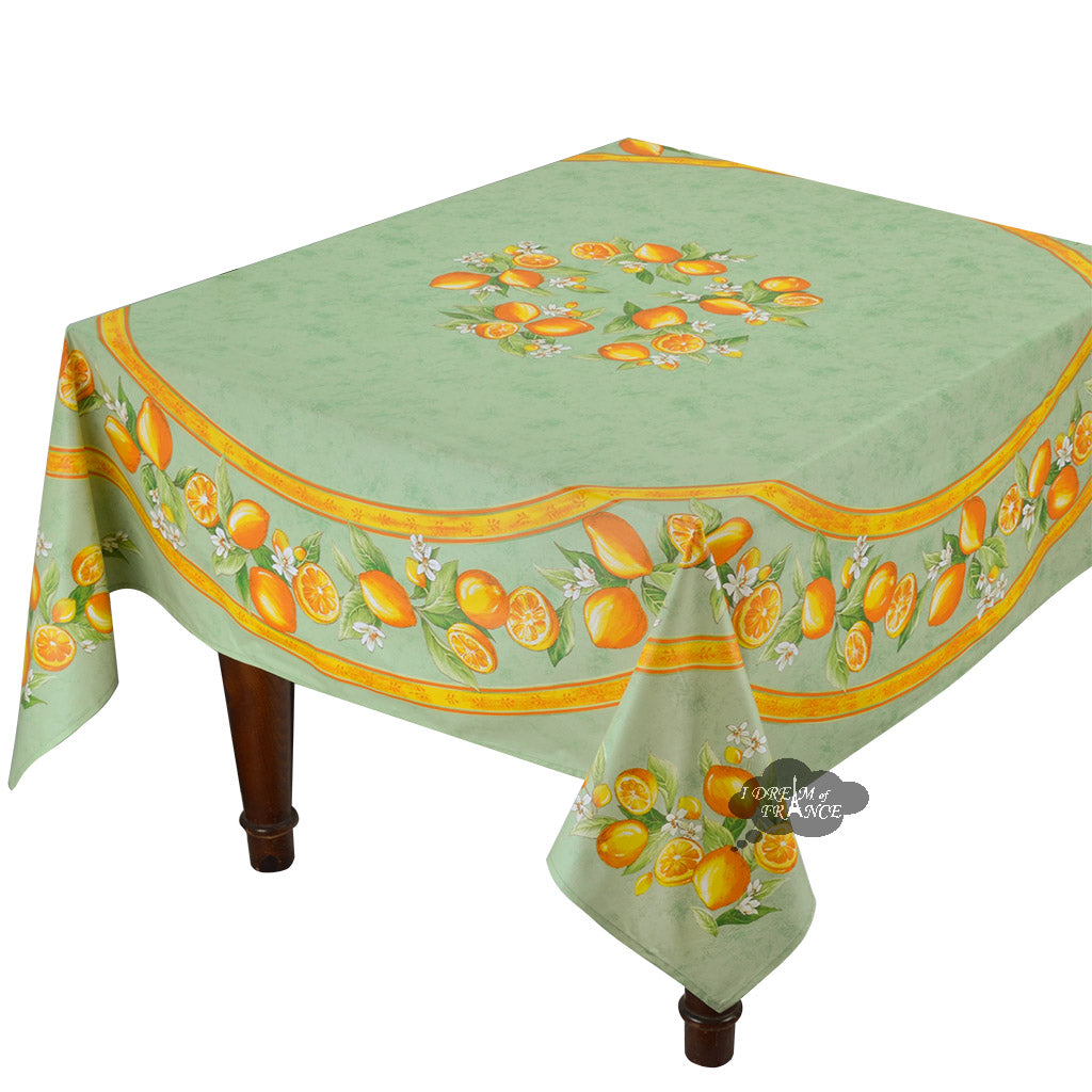 70" Square Lemons green Acrylic-Coated Cotton Tablecloth by Tissus Toselli