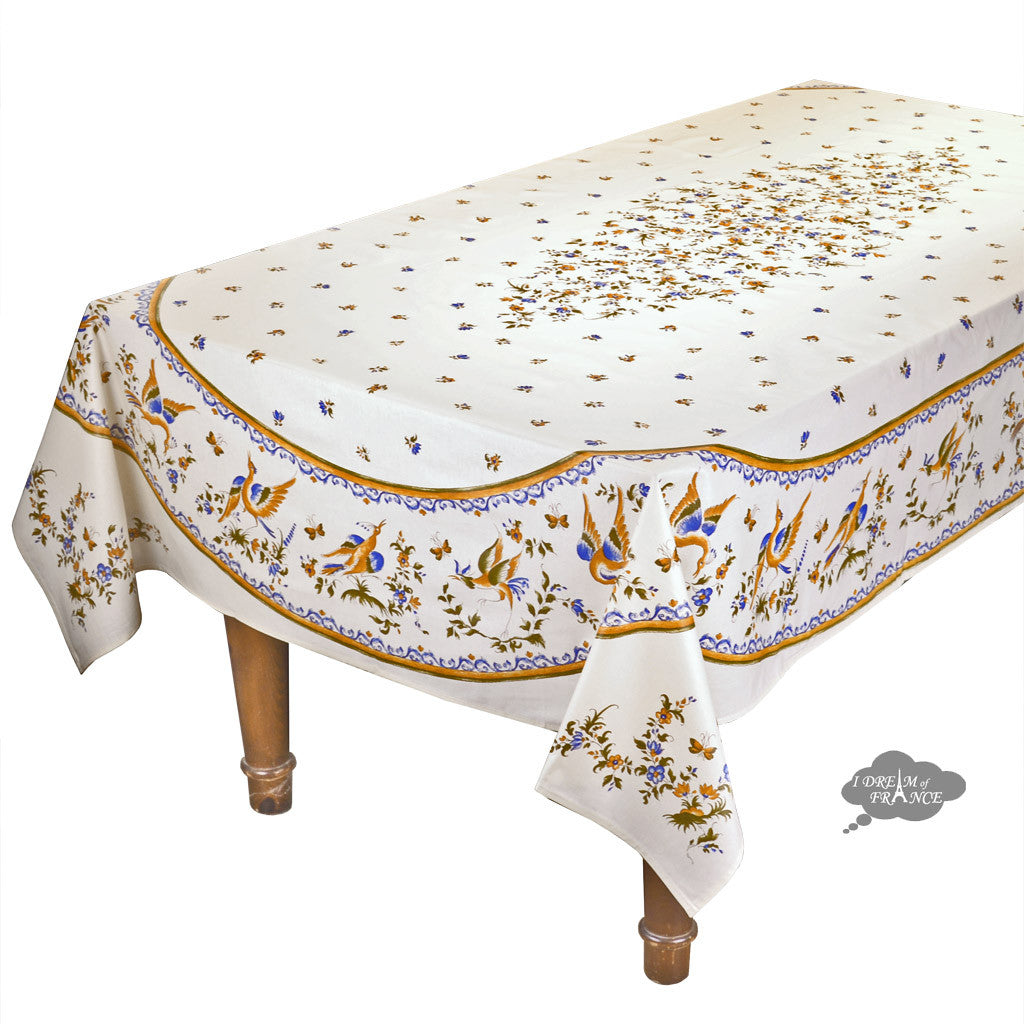 60x 96" Rectangular Moustiers Blue & Cream Acrylic-Coated Cotton Tablecloth by Tissus Toselli