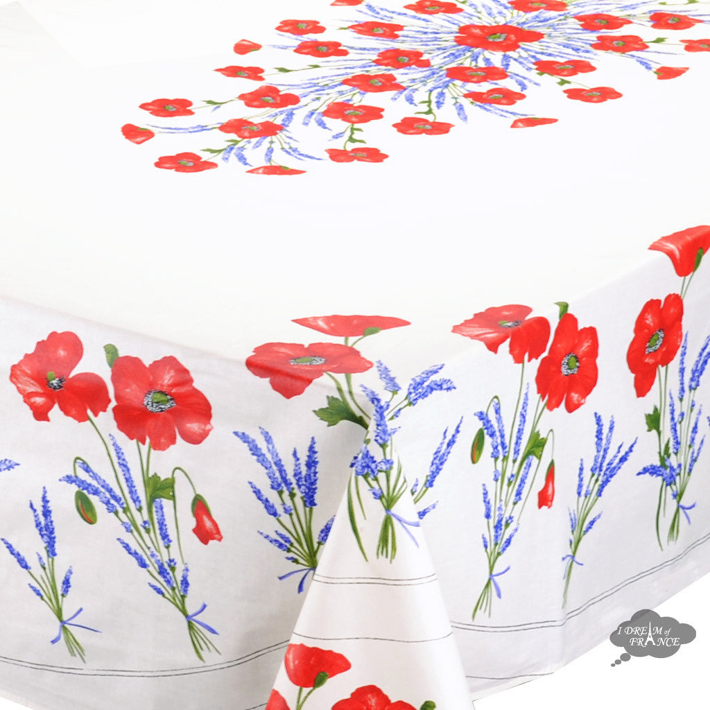 60x96" Rectangular Poppies Cream Acrylic Coated Cotton Tablecloth by Tissus Toselli