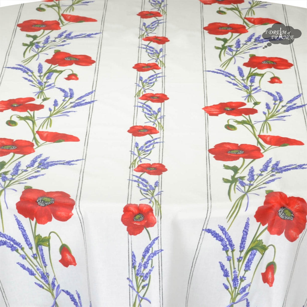58" Round Poppies Cream Acrylic-Coated Cotton Tablecloth by Tissus Toselli