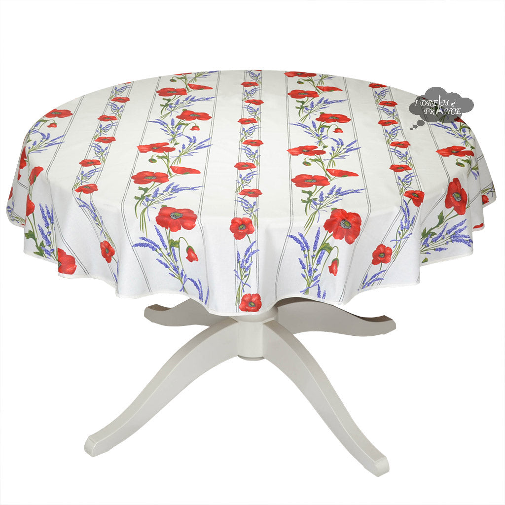 58" Round Poppies Cream Acrylic-Coated Cotton Tablecloth by Tissus Toselli