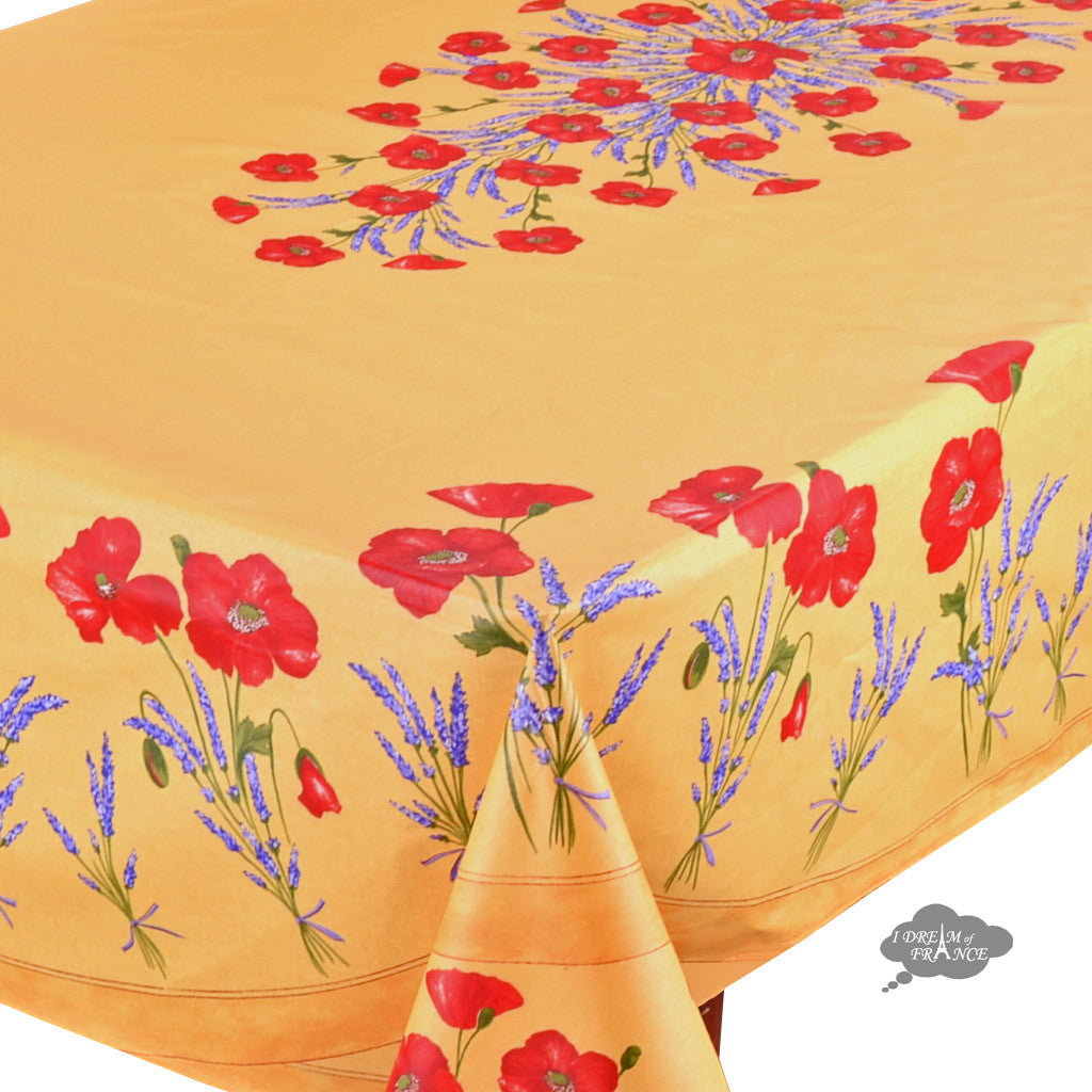 60x96" Rectangular Poppies Yellow Acrylic Coated Cotton Tablecloth by Tissus Toselli