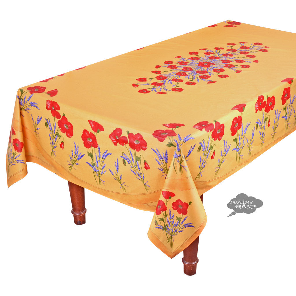 60x96" Rectangular Poppies Yellow Acrylic Coated Cotton Tablecloth by Tissus Toselli