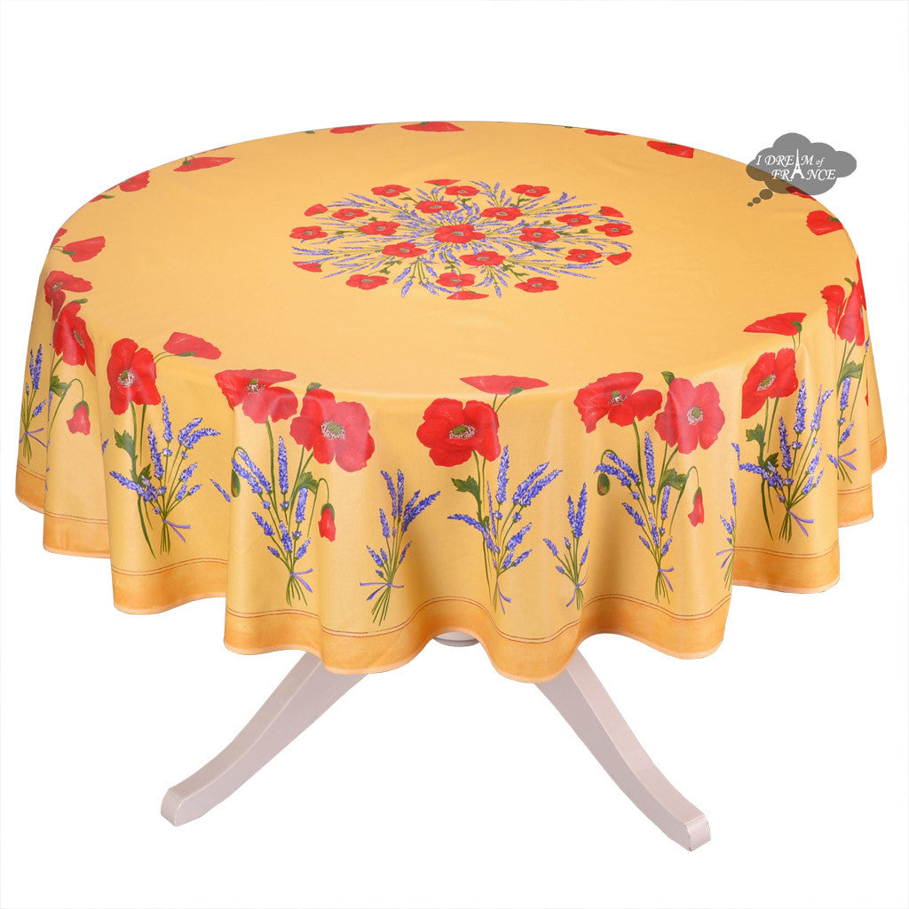 70" Round Poppies Yellow Acrylic-Coated Cotton Tablecloth by Tissus Toselli