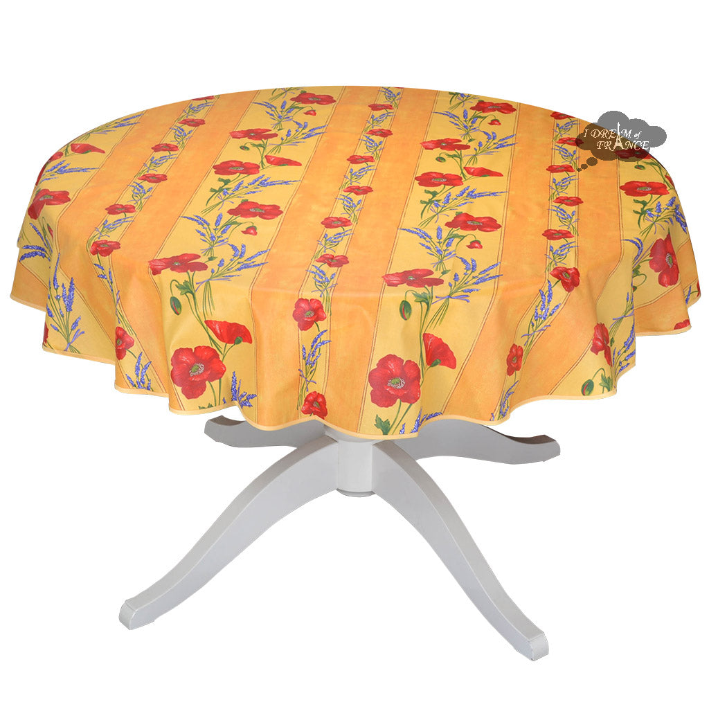 58" Round Poppies Yellow Acrylic-Coated Cotton Tablecloth by Tissus Toselli