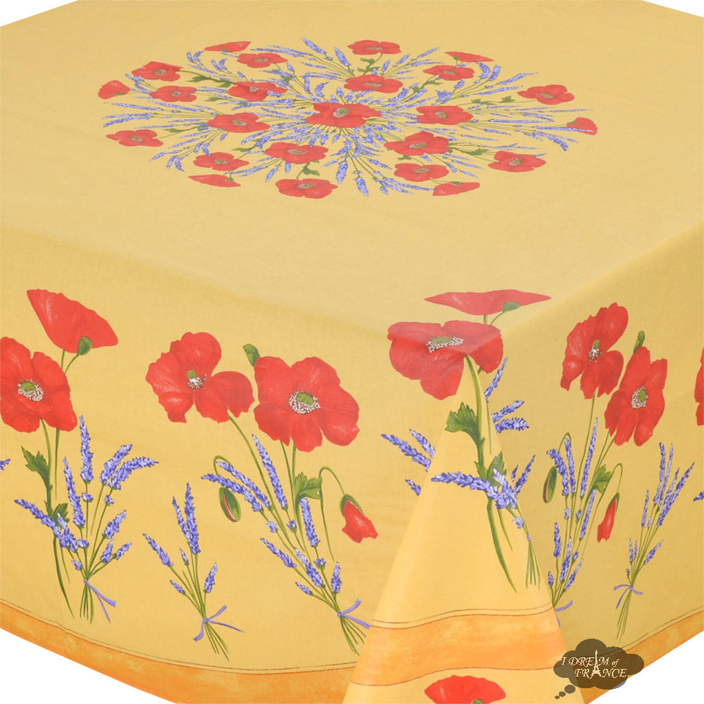70" Square Poppies Yellow Acrylic-Coated Cotton Tablecloth by Tissus Toselli