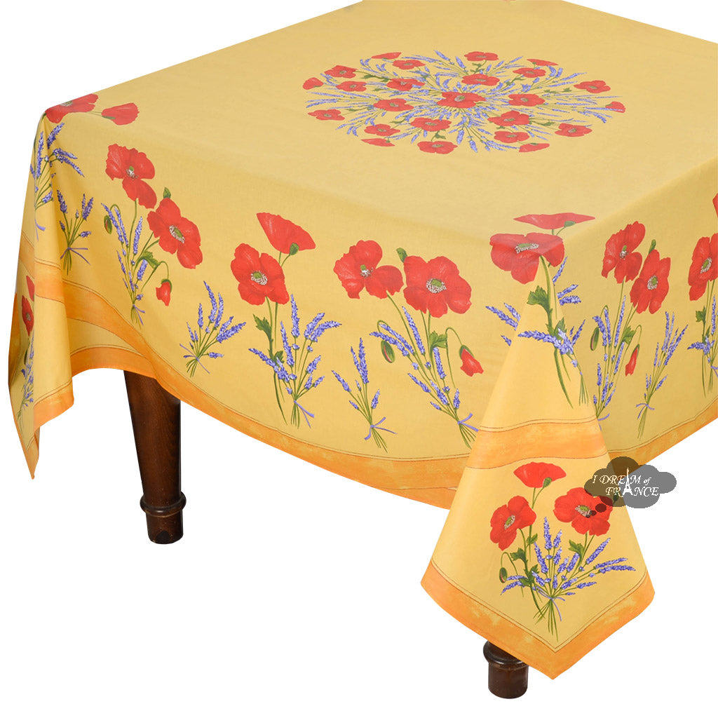 70" Square Poppies Yellow Acrylic-Coated Cotton Tablecloth by Tissus Toselli
