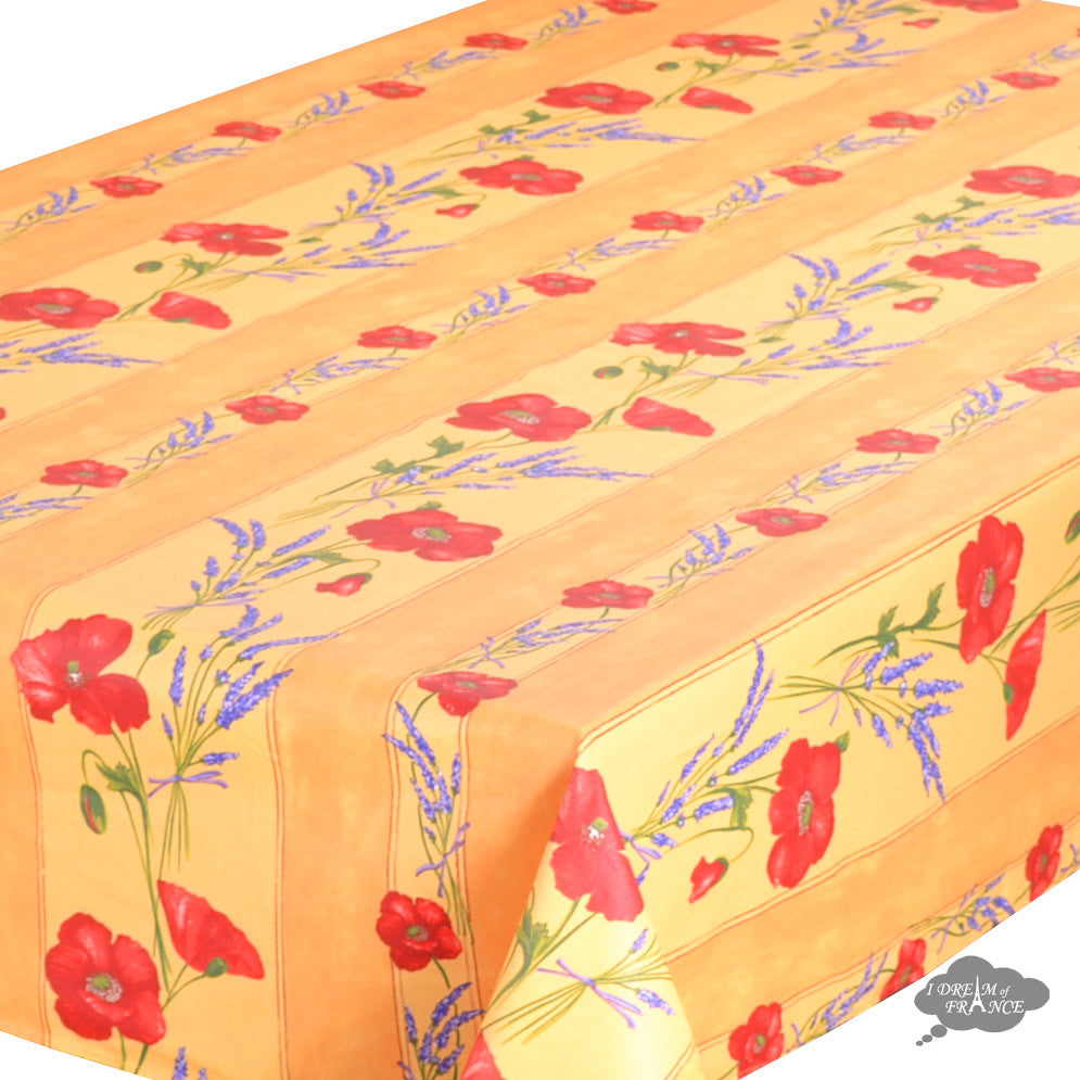 60x78" Rectangular Poppies Yellow Acrylic-Coated Cotton Tablecloth by Tissus Toselli