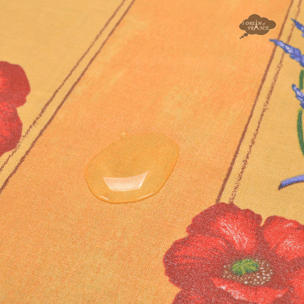 60x78" Rectangular Poppies Yellow Acrylic-Coated Cotton Tablecloth by Tissus Toselli