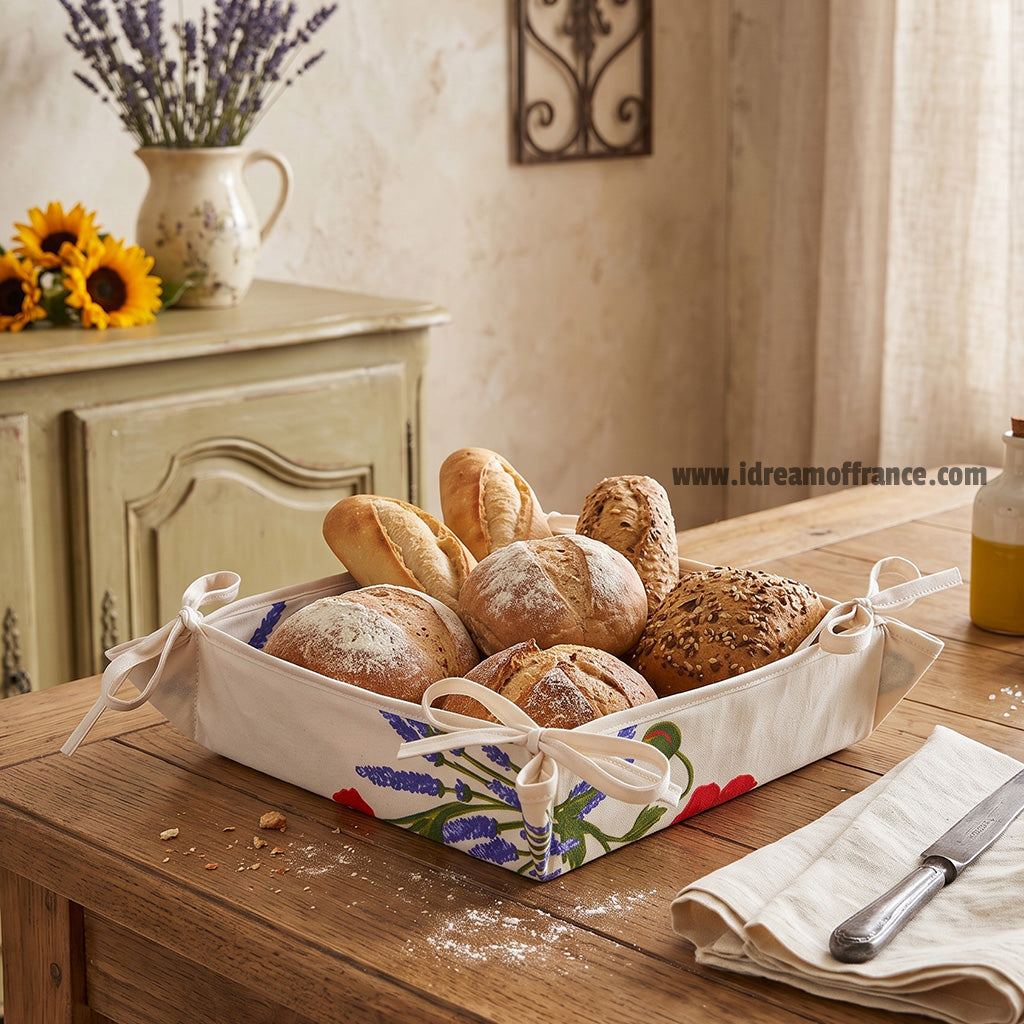 French bread basket - Acrylic-coated Cotton - Poppies ivory | Tissus Toselli