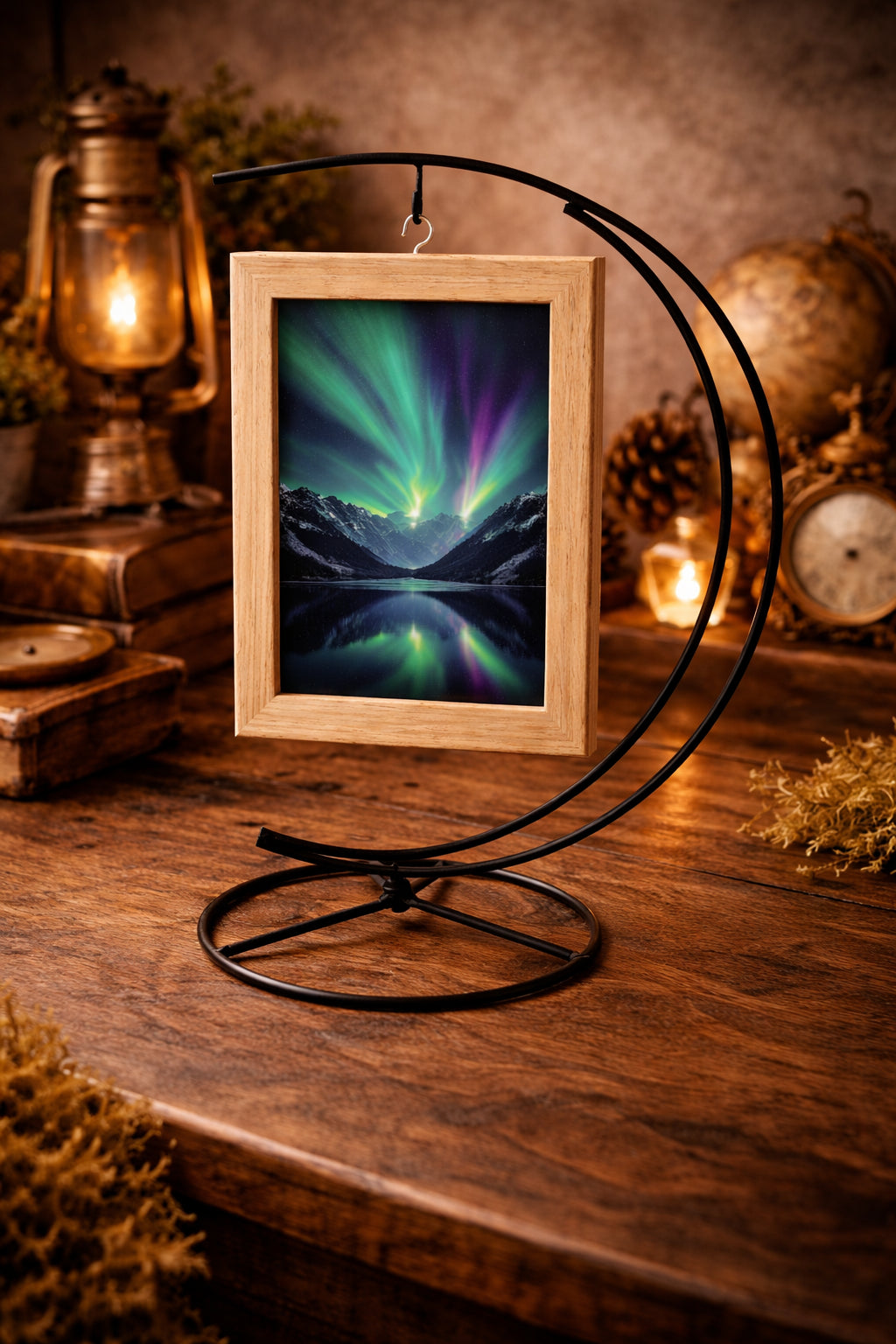 Double Curve Crescent Black Metal Photo Picture Frame and Ornament Display Stand 9.25 Inches