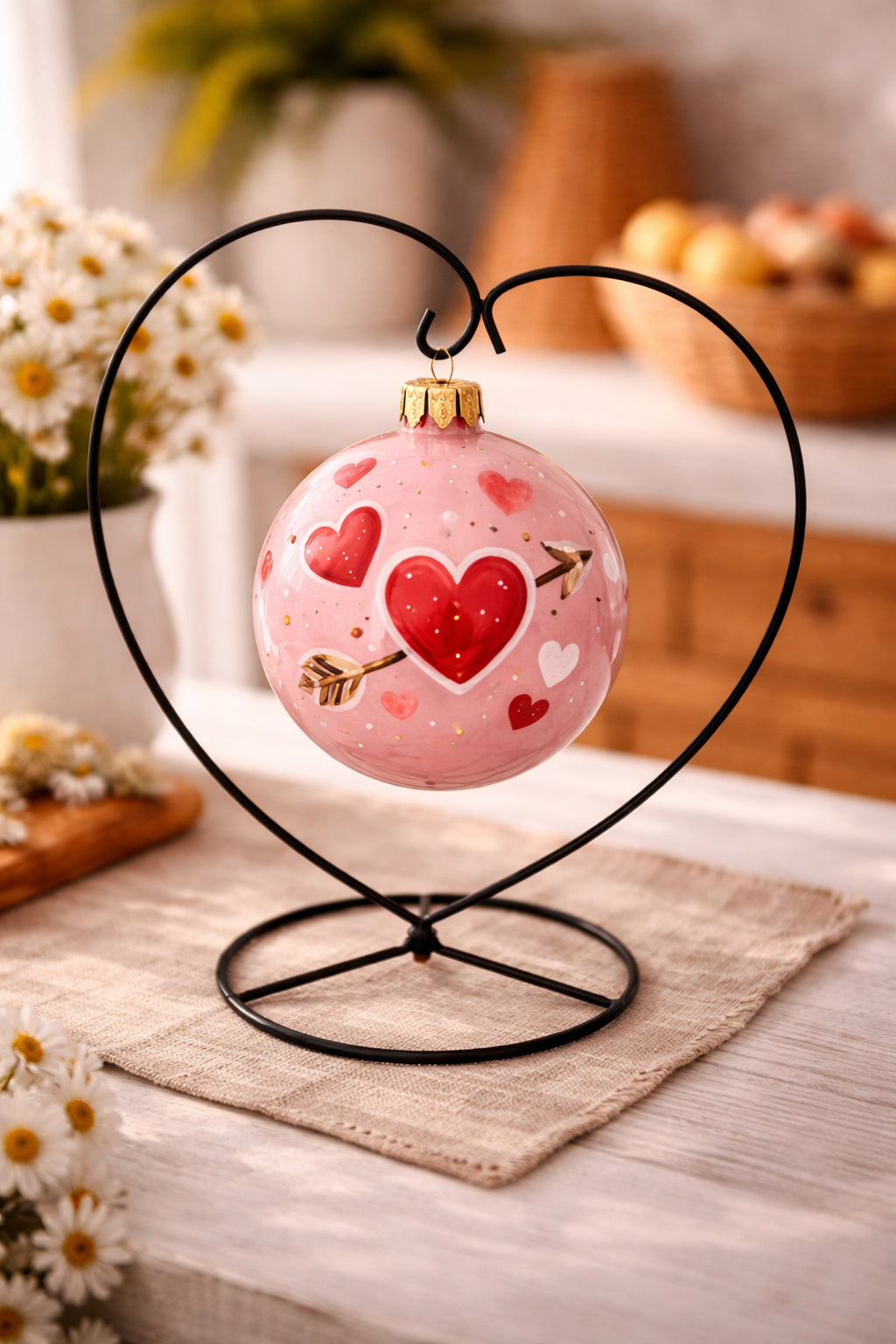 Heart-Shaped Hanging Photo Picture Frame and Black Metal Ornament Stand 9.75 Inches