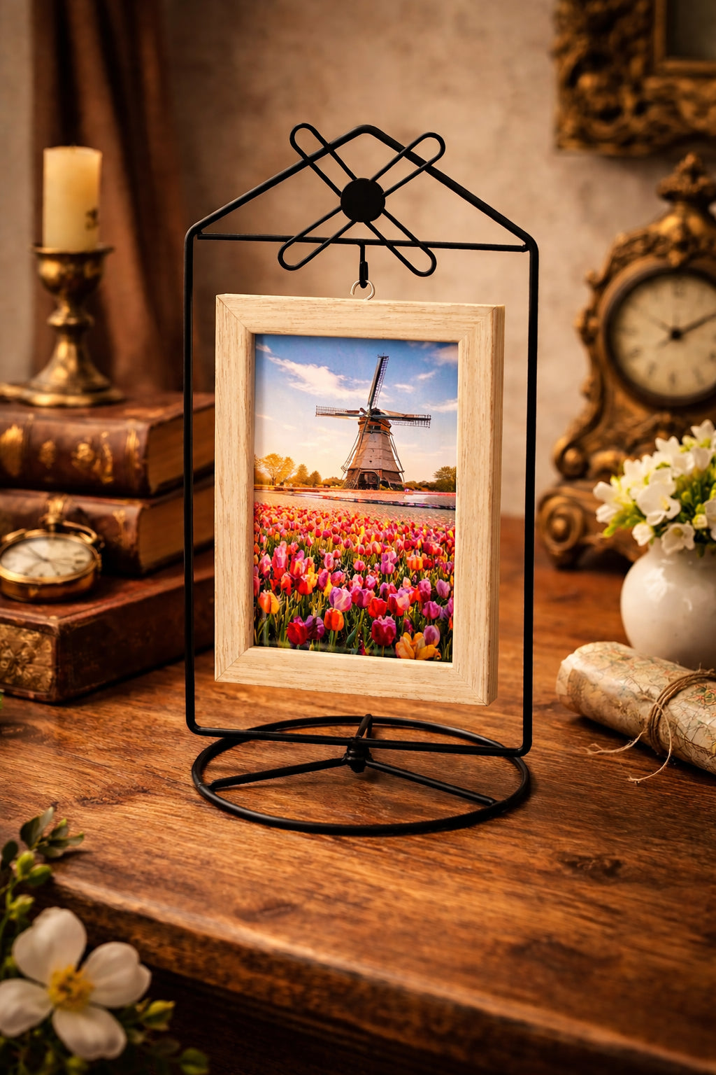 Black Windmill Roof House Hanging Photo Picture Frame and Metal Ornament Stand 10.15 Inches