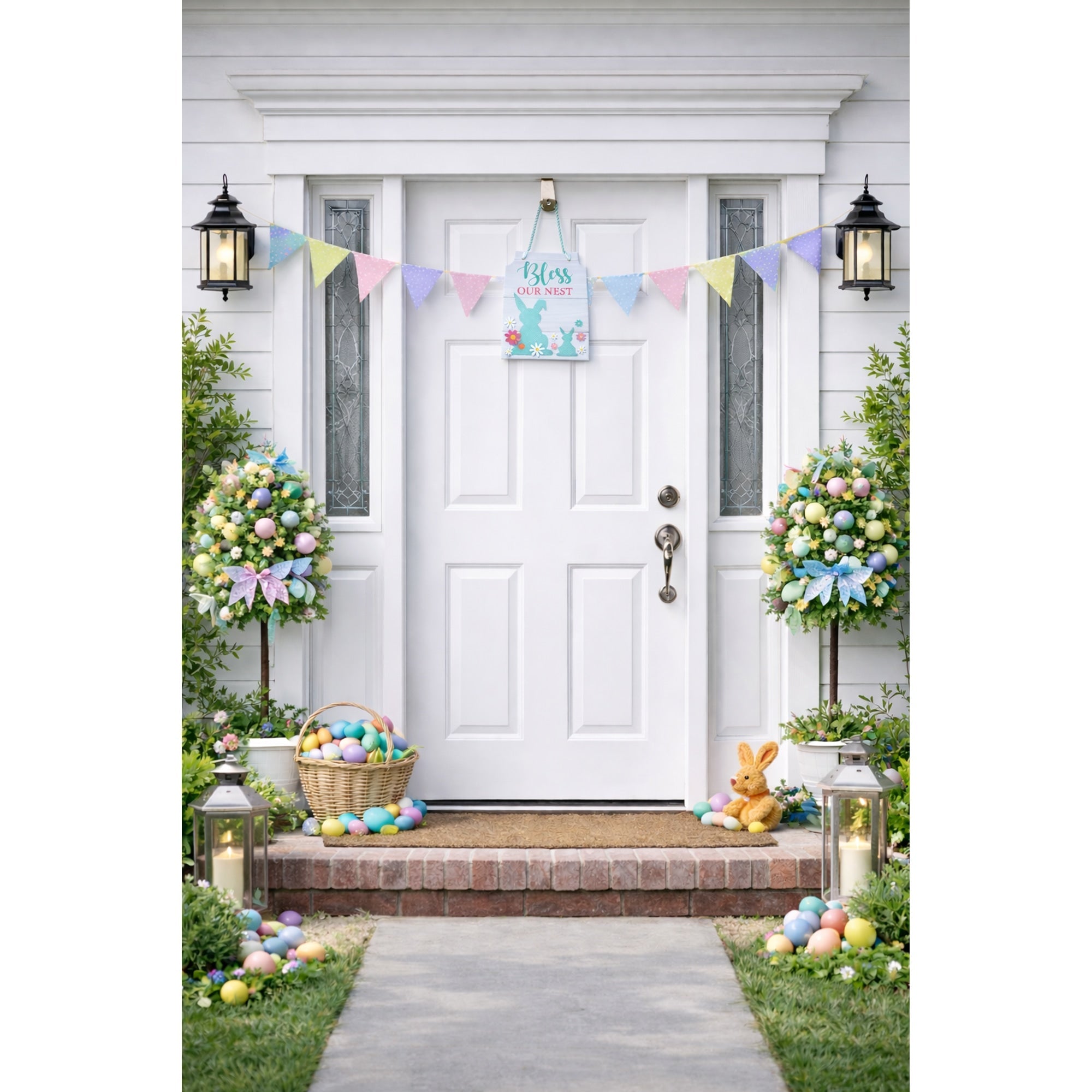Easter Bunny Hanging Wall Sign With Pastel Florals Decor 11.5 Inches Tall