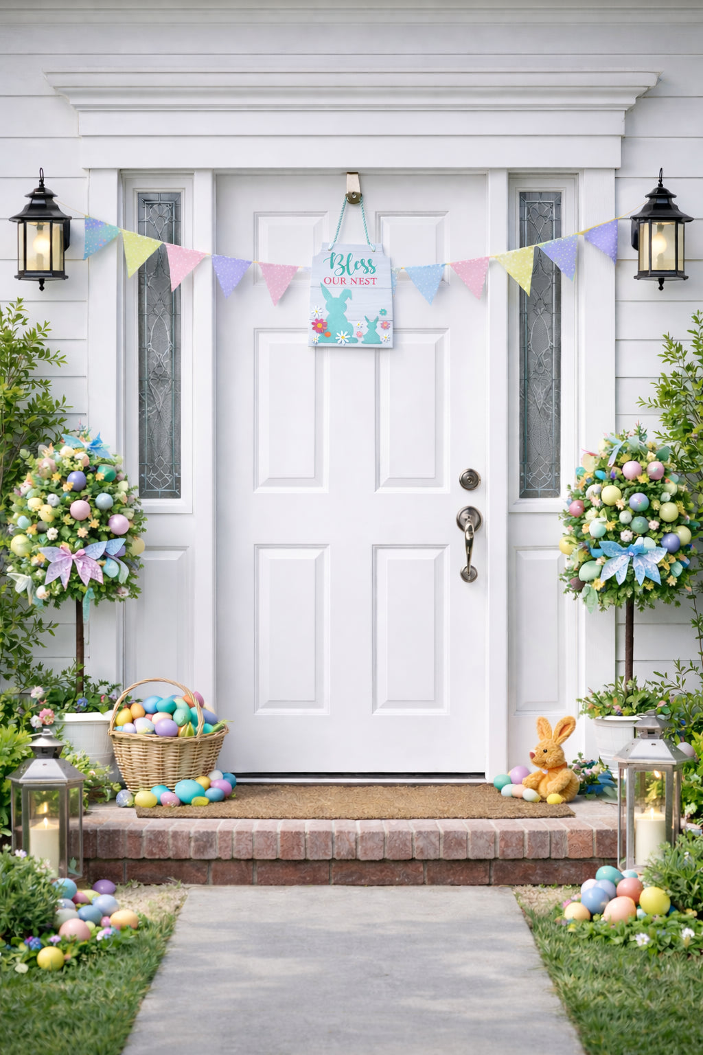 Easter Bunny Hanging Wall Sign With Pastel Florals Decor 11.5 Inches Tall