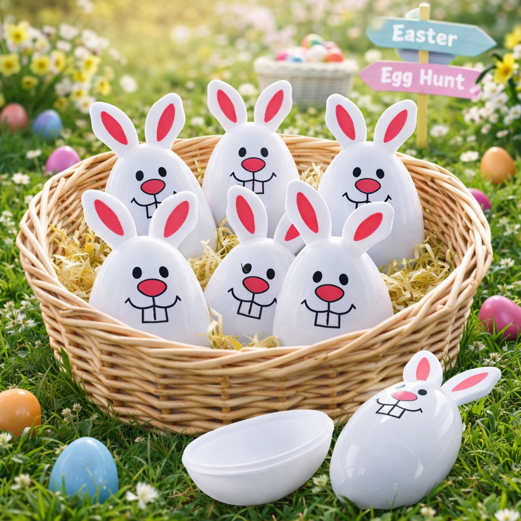 Set of 6 White Bunnies Plastic Easter Eggs