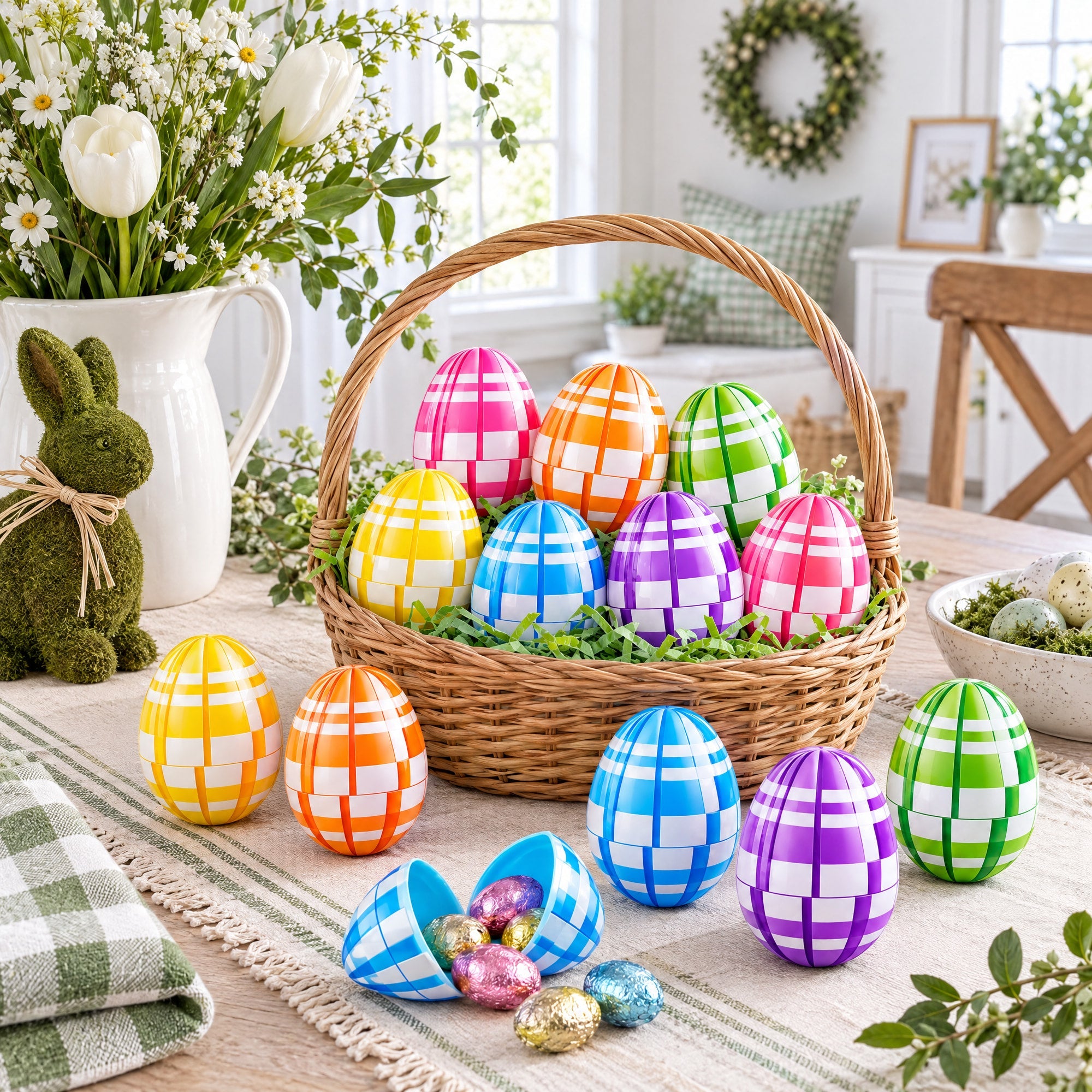 Set of 12 Fillable Easter Eggs Multicolor Plaid Plastic Hinged Eggs 2.25 Inches