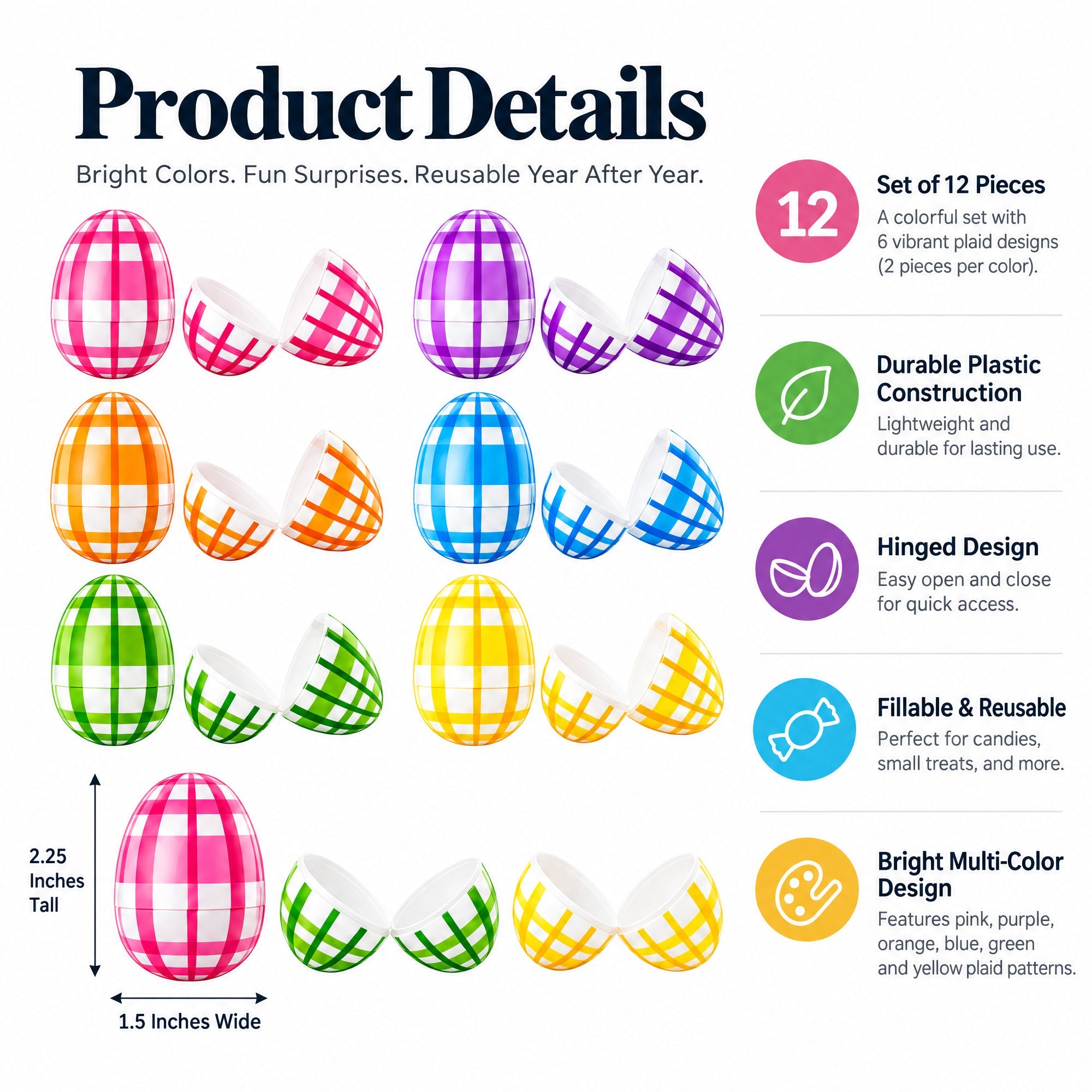 Set of 12 Fillable Easter Eggs Multicolor Plaid Plastic Hinged Eggs 2.25 Inches