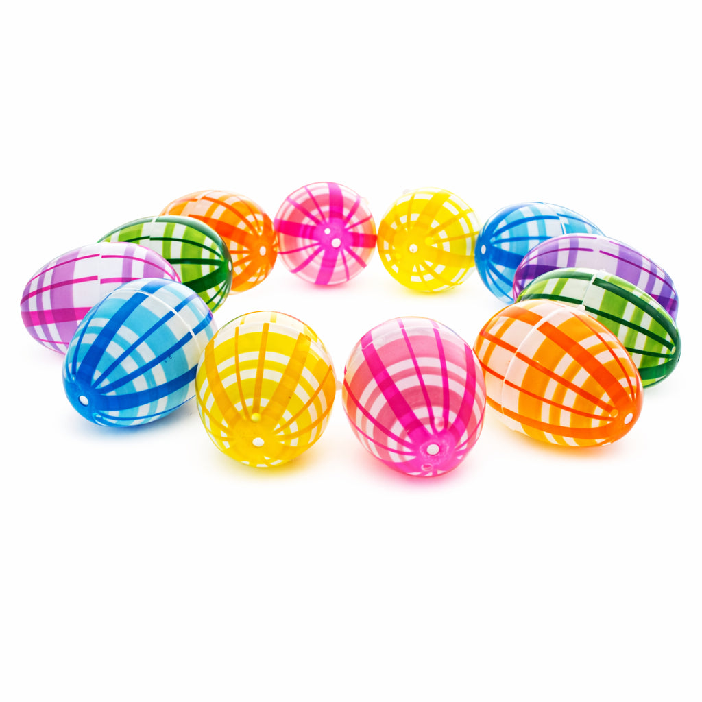 Set of 12 Fillable Easter Eggs Multicolor Plaid Plastic Hinged Eggs 2.25 Inches