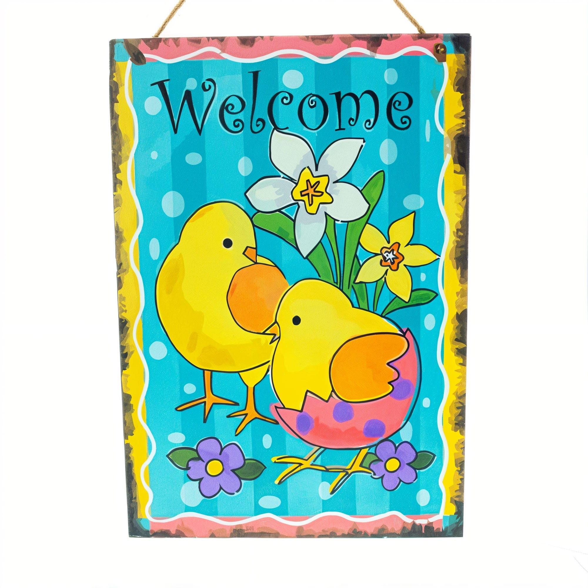 Easter Chick Decorative Wall Sign Spring Welcome Hanging Plaque with Floral Design 10 Inches
