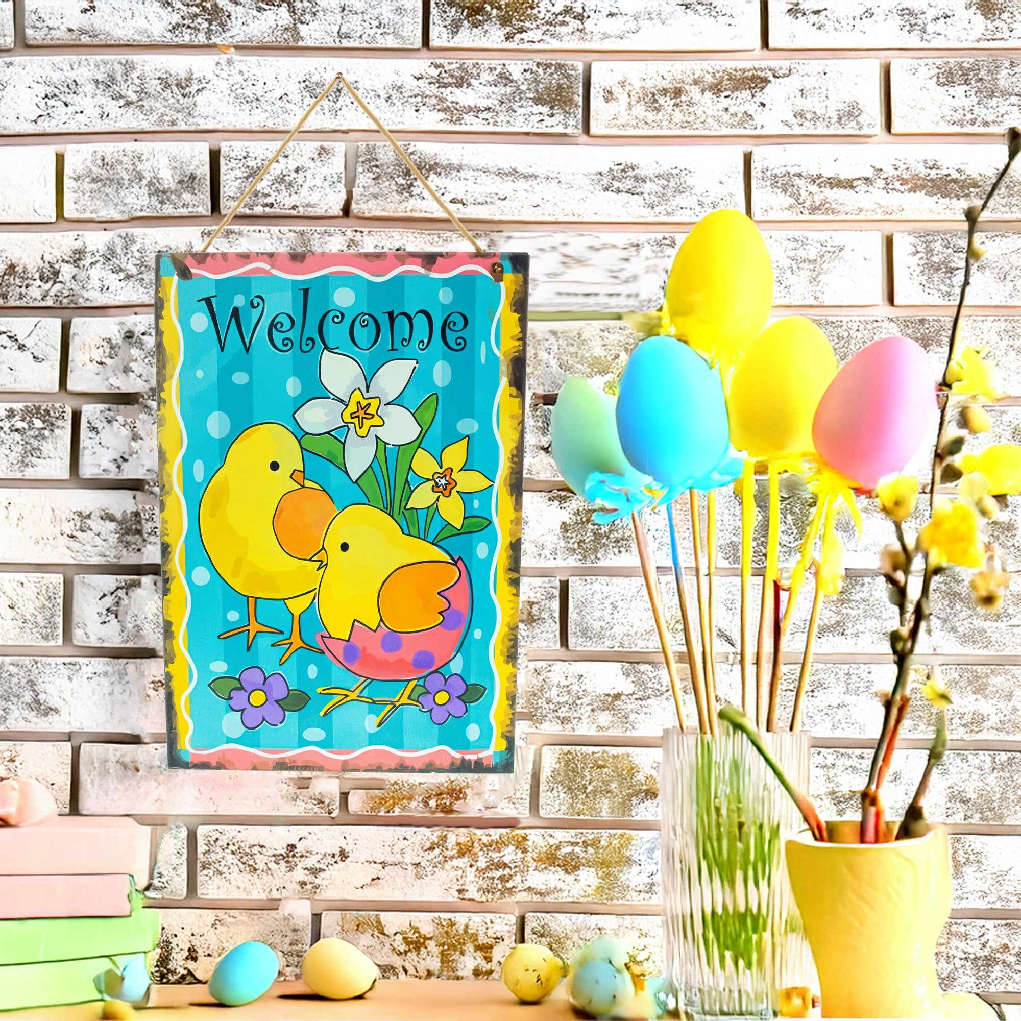 Easter Chick Decorative Wall Sign Spring Welcome Hanging Plaque with Floral Design 10 Inches
