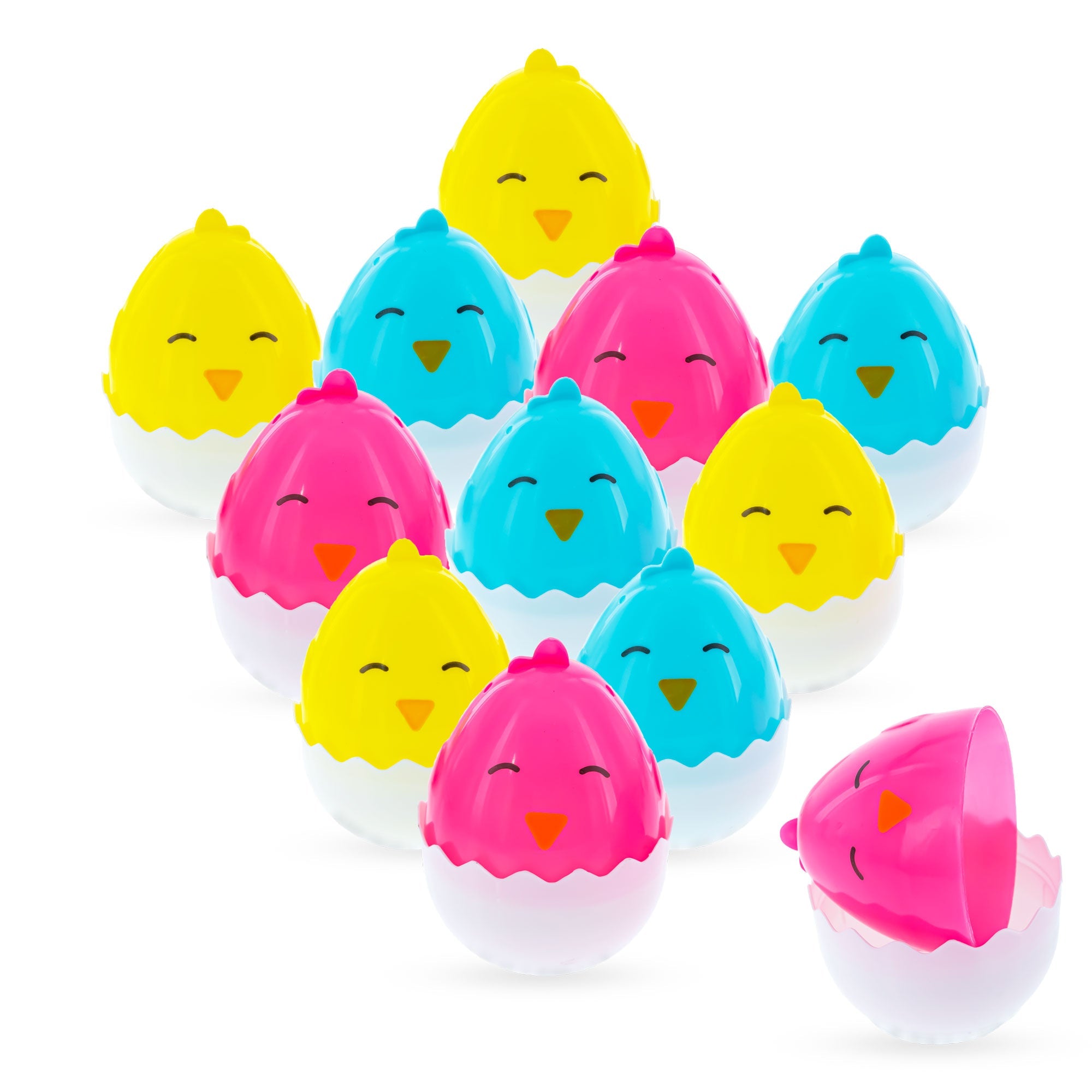 Set of 12 Hatching Chick Easter Eggs - Fillable Upright Plastic Hunt Supply