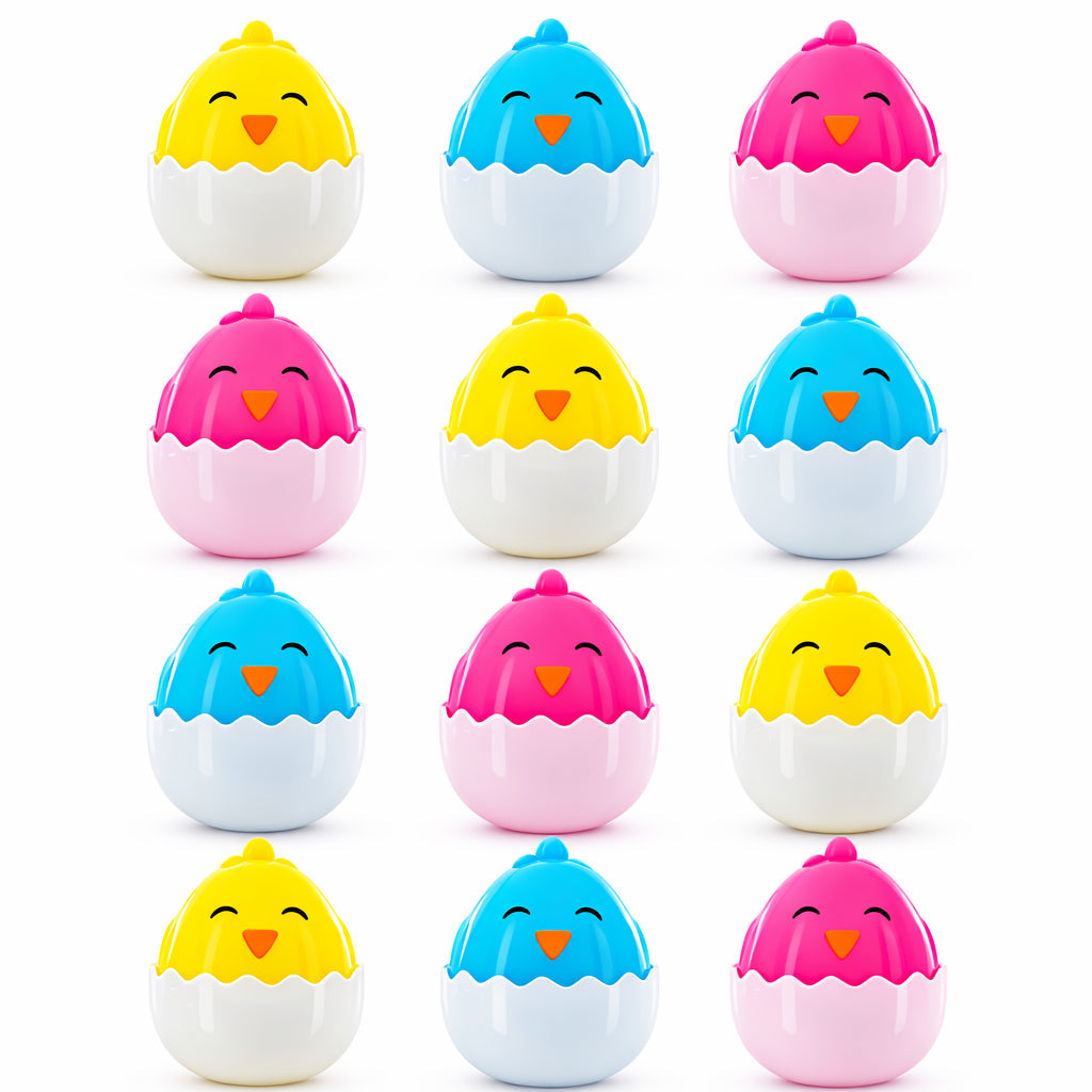 Set of 12 Hatching Chick Easter Eggs - Fillable Upright Plastic Hunt Supply