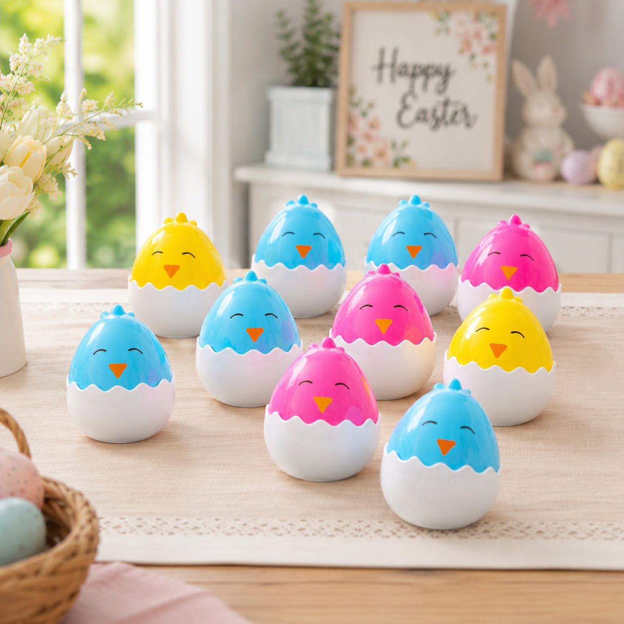 Set of 12 Hatching Chick Easter Eggs - Fillable Upright Plastic Hunt Supply