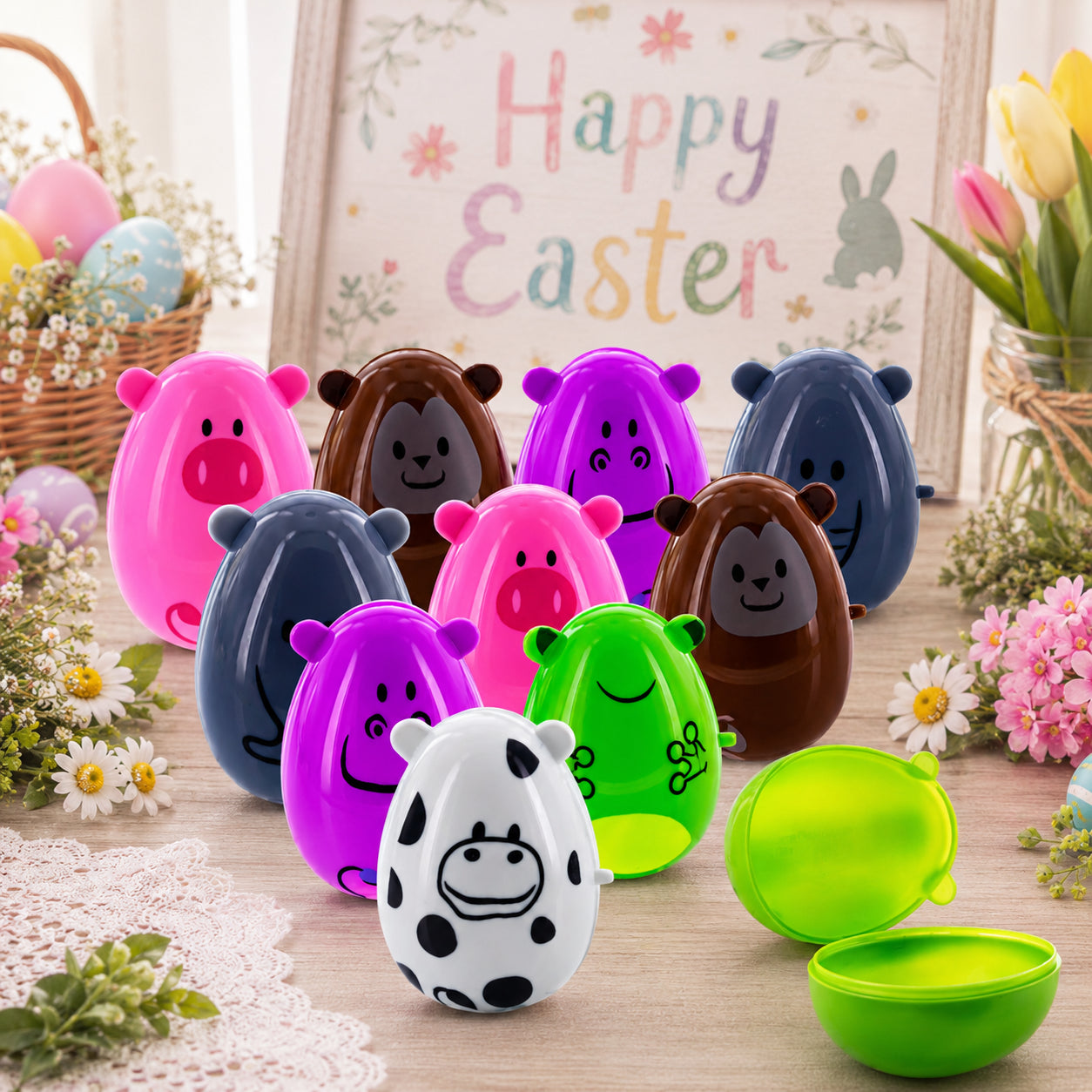 Set of 12 Animal-Themed Plastic Easter Eggs 2.25 Inches