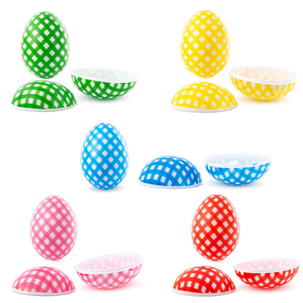 Set of 10 Gingham Checkered Plastic Easter Eggs - Fillable Hunt Decor 2.25 Inches
