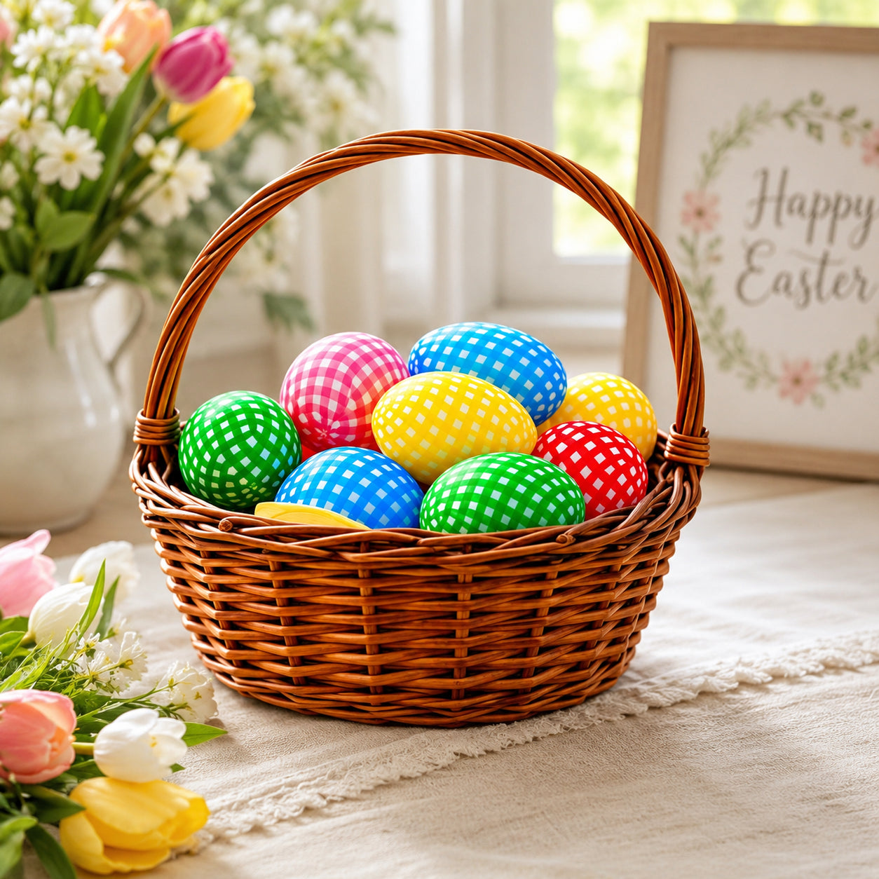 Set of 10 Gingham Checkered Plastic Easter Eggs - Fillable Hunt Decor 2.25 Inches