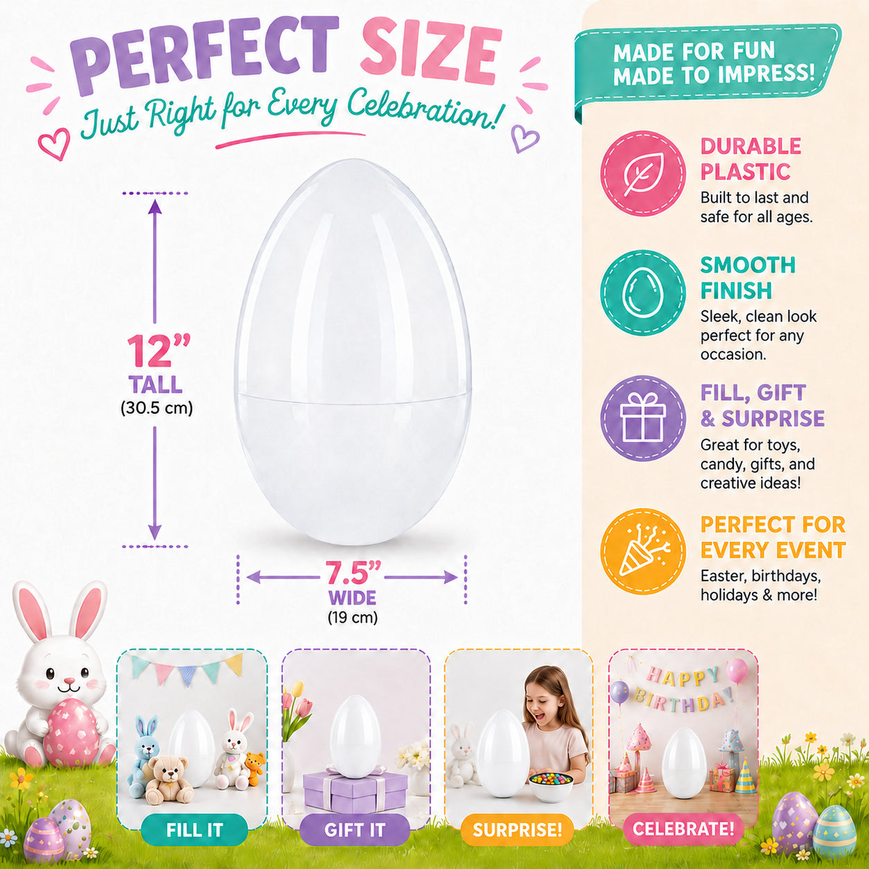 Giant Extra Large White Plastic Easter Egg Two Tones 12 Inches