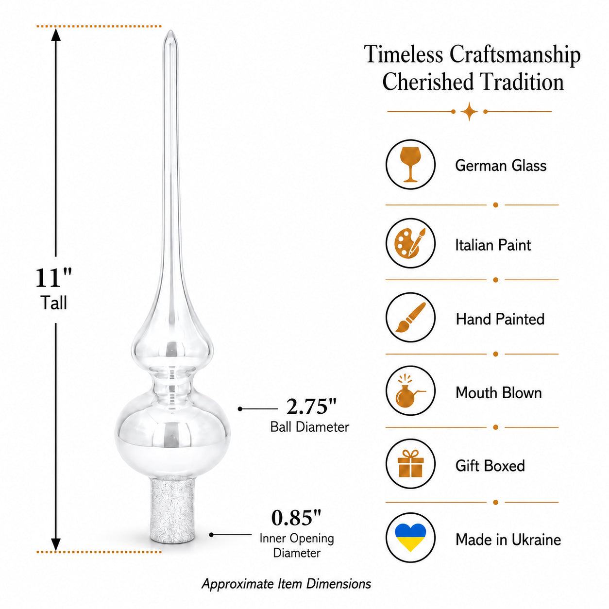 Solid Orange with Sparkling Top Glass Christmas Tree Topper 11 Inches