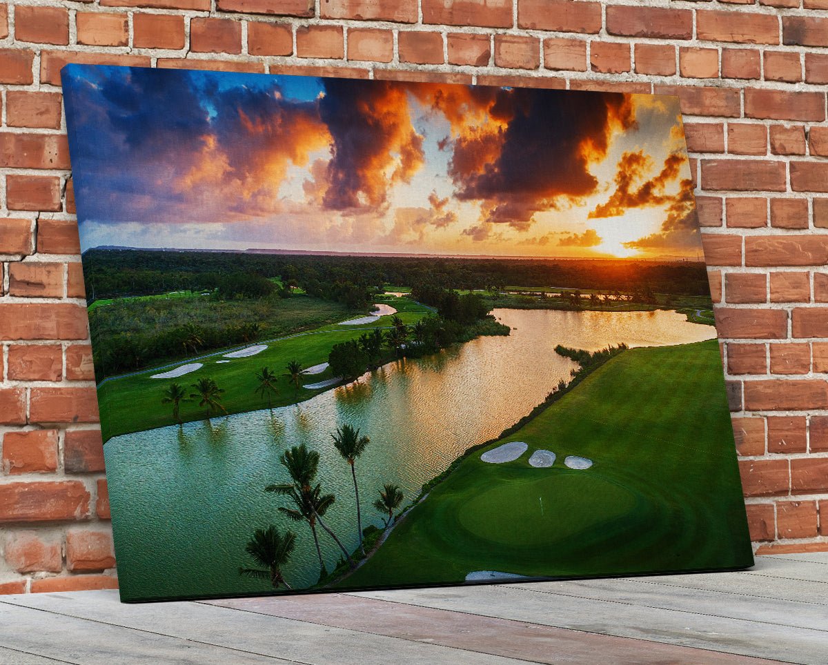 Tropical Golf Course Sunset Framed Canvas Wall Art Dominican Republic Punta Cana