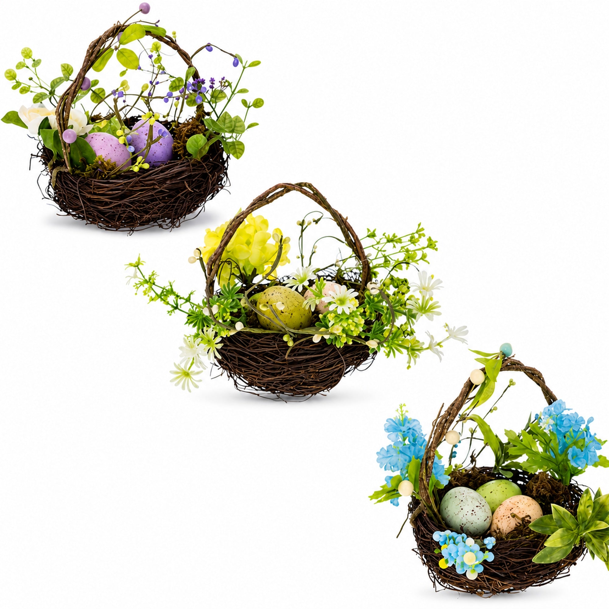 Set of 3 Easter Baskets with Eggs and Spring Flowers
