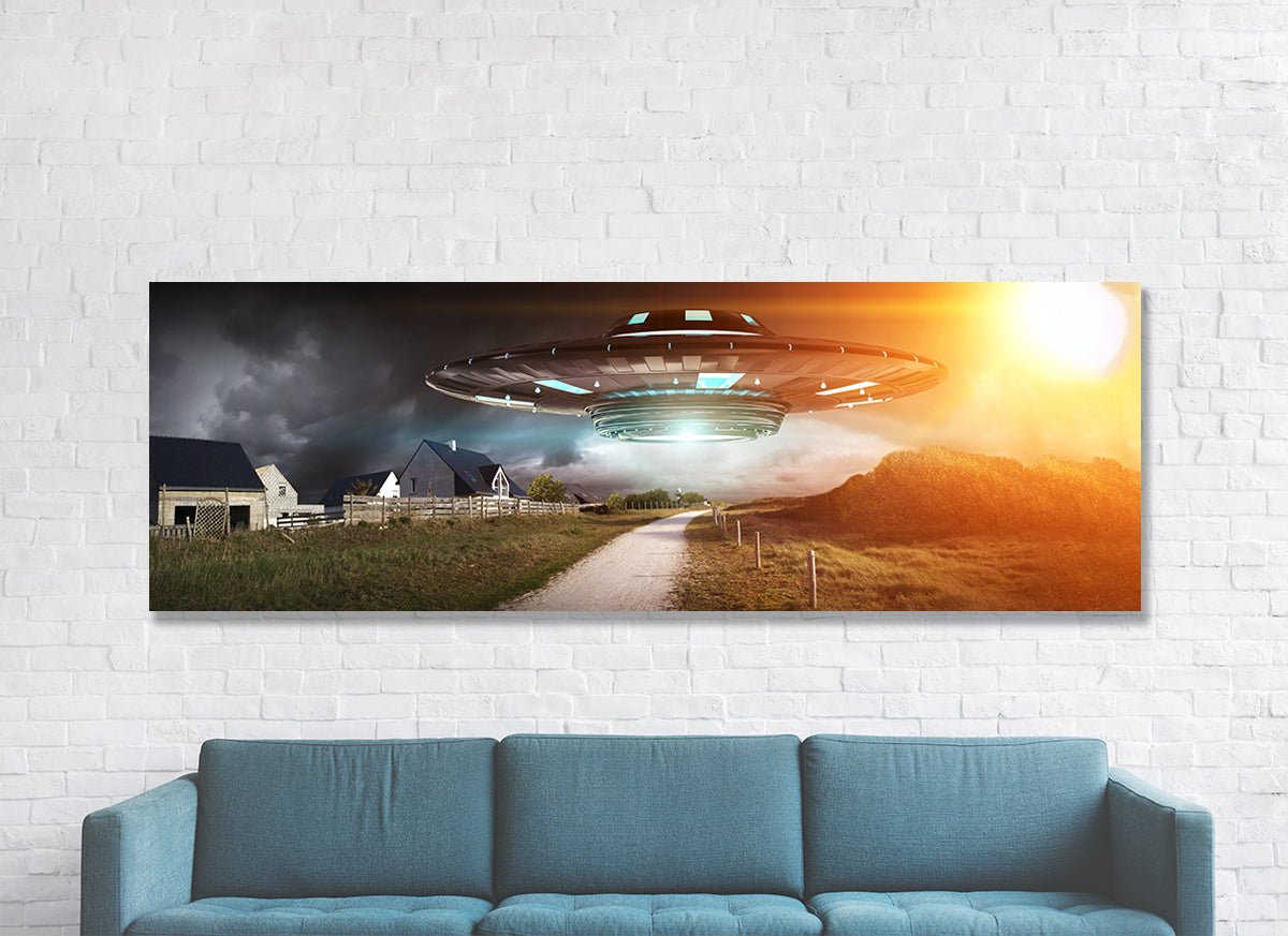 UFO Aliens Extraterrestrials Abduction Flying Saucer Framed Canvas Wall Art